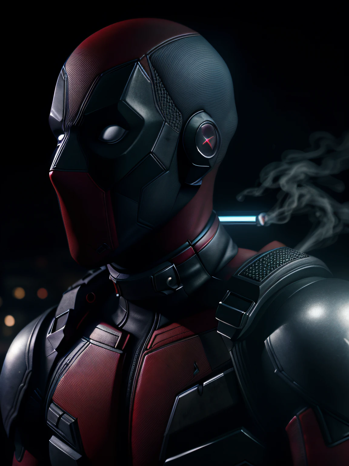 (Cyborg-Deadpool in the city of the future). (RAW photo, real life, absurd, high quality, detailed, realistic: 1.3), (solo: 1.3), high-resolution Deadpool photo with intricate details. ((metal reflex light, large flame, fog, smoke and dark background)), cinematic, atmospheric, 4k, realistic lighting, shot with Hassleblad camera, Zeiss lens, 50mm 1.2 lens, octane render, ultra-realistic, realistic lighting, photorealistic, photorealism, unreal engine, high detail, complex detail, (half body)).