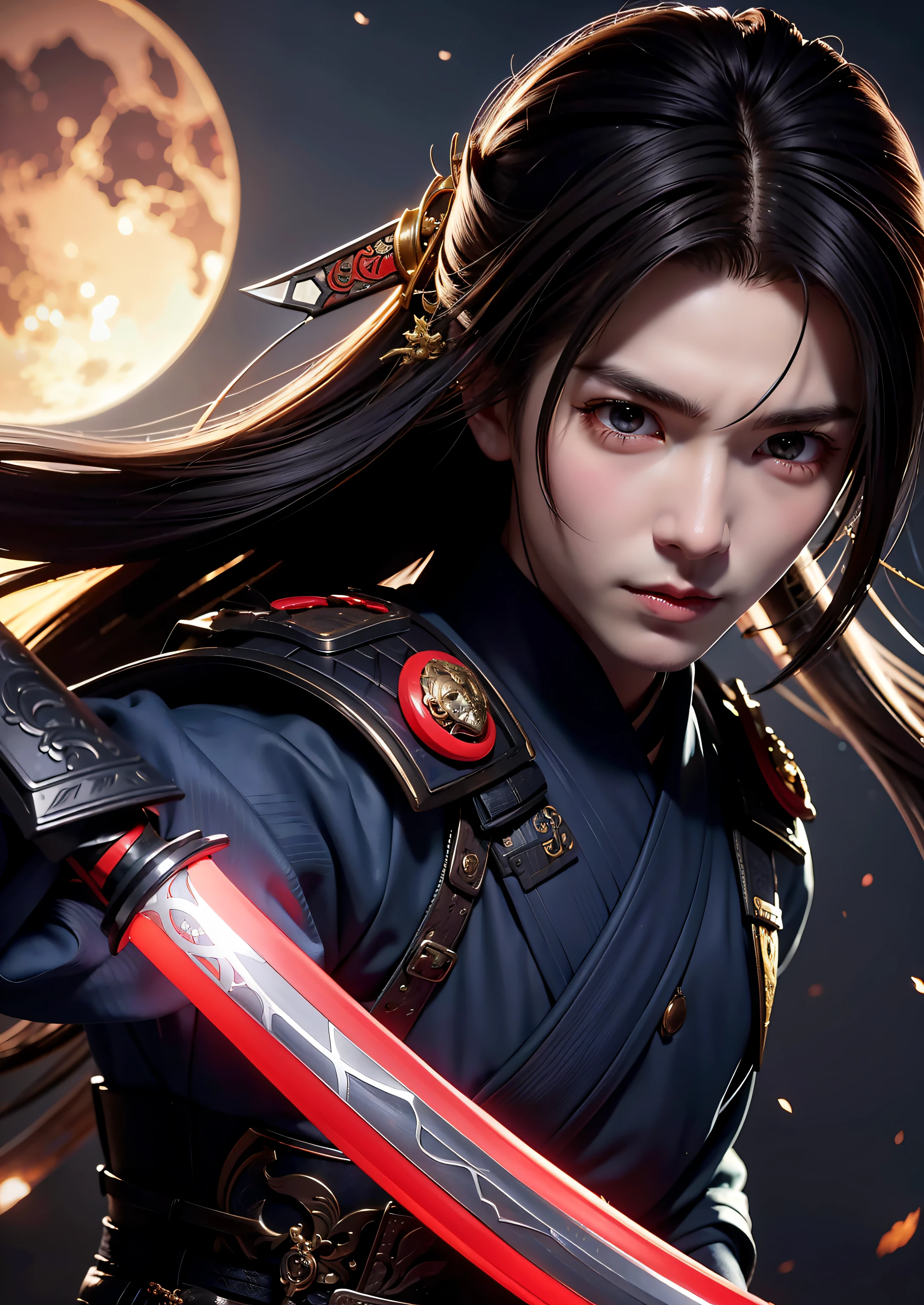 Close-up of a man holding a sword in front of the Blood Moon, very beautiful cyberpunk samurai, he holds a katana, inspired by Kogai Kano, male samurai, katana, holding a big sword, demon samurai, from the night of the ark, demon samurai warrior, he holds a sword, Kunoichi, dramatically-wielding katana pose