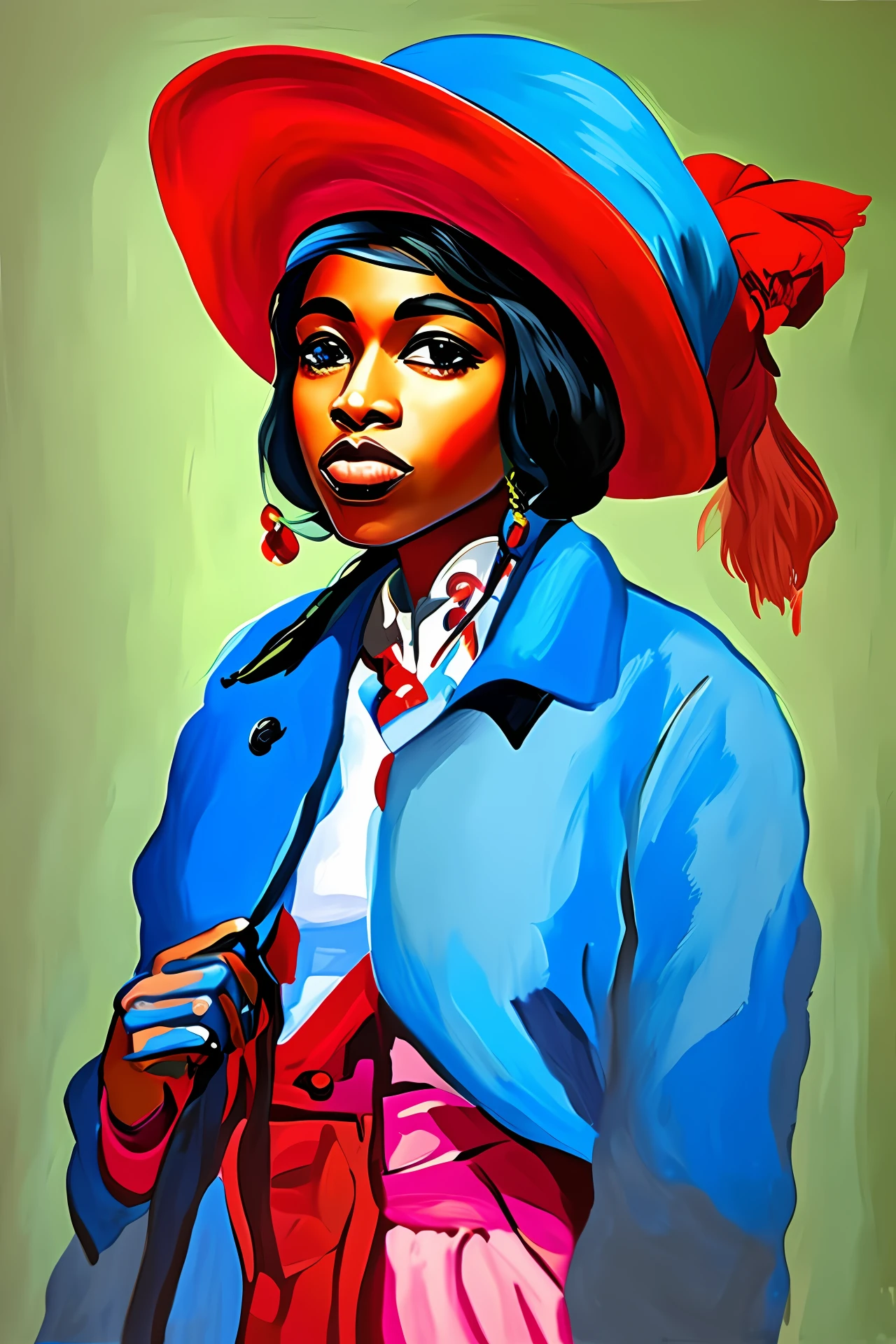 painting of a woman with a blue hat and a red jacket, inspired by Barkley Hendricks, inspired by Gee Vaucher, by Virginia Lee Burton, by David Burton-Richardson, inspired by Irma Stern, by Jeka Kemp, by Dorothy Bradford, by Gladys Dawson, by Lennie Lee, from kehinde wiley, by Pamela Ascherson, painting of a woman