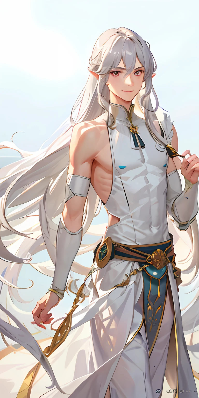 (fidelity: 1.4), best quality, 4k, masterpiece, male, thin, muscular, pointy ears, light gray skin, long curly white hair, red eyes, smile, bard, do not disturb, back on the pipa