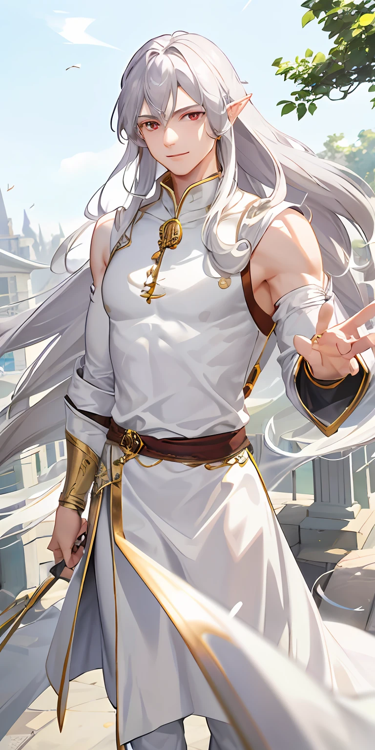 (fidelity: 1.4), best quality, 4k, masterpiece, male, thin, muscular, pointy ears, light gray skin, long curly white hair, red eyes, smile, bard, do not disturb, back on the pipa