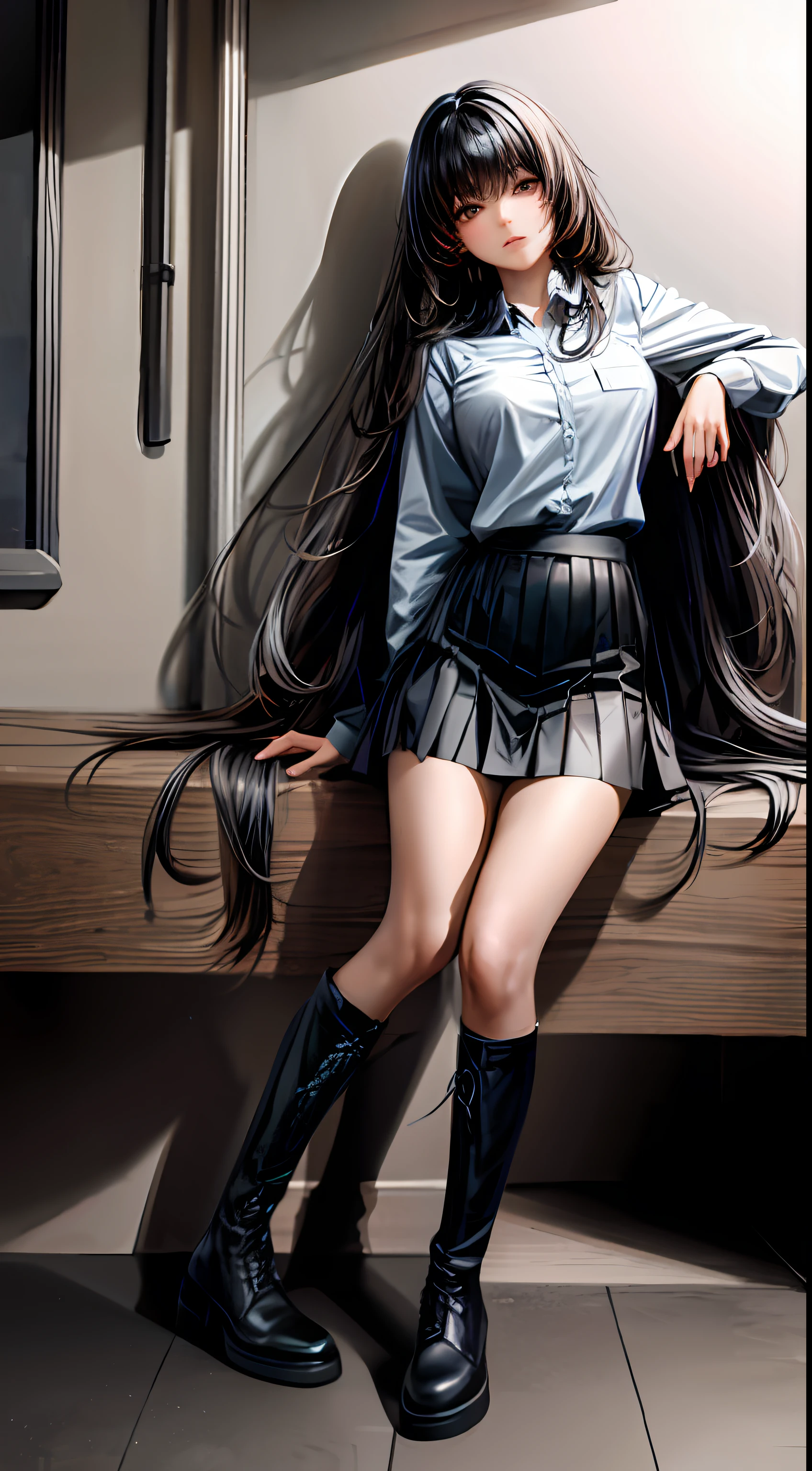 Moving angle, absurd, original, extremely delicate beauty, beautiful and detailed eyes and face, 1 girl, black_hair, looking_at_viewer, solo, (masterpiece: 1.4), (best quality: 1.4), black leather boots, room, black hair, red eyes, very long hair, school uniform, white shirt, pleated skirt, collared shirt, bangs,