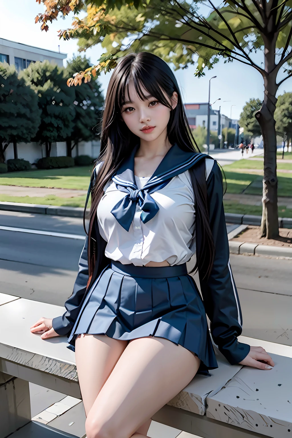 (photogenic, masterpiece:1.2),campus, student uniform, sailor suit, mini-skirt, voluptuous body, beautiful face, 3D, japan, High school student, Group photo, schoolyard, school uniform, real, Perspective from a distance