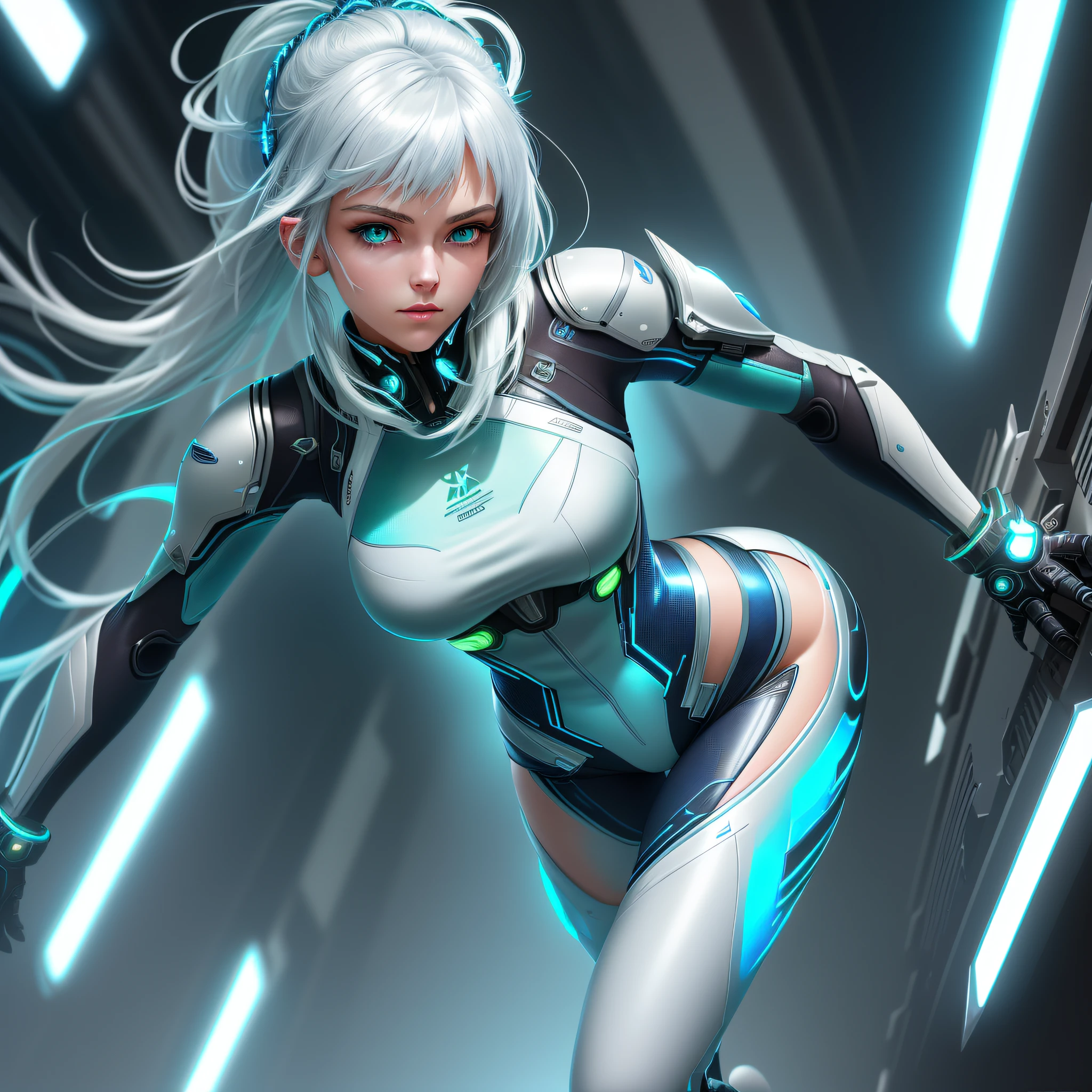 (Super elaborate CG Unity 8K wallpaper, masterpiece, top quality): (Dynamic Angle, Solo, 1 Girl, Cyberpunk-style blue cyborg armor, sparkly green eyes, white hair white and blue colored flight suit, tight fit clothes, full body covering clothes, beauty)