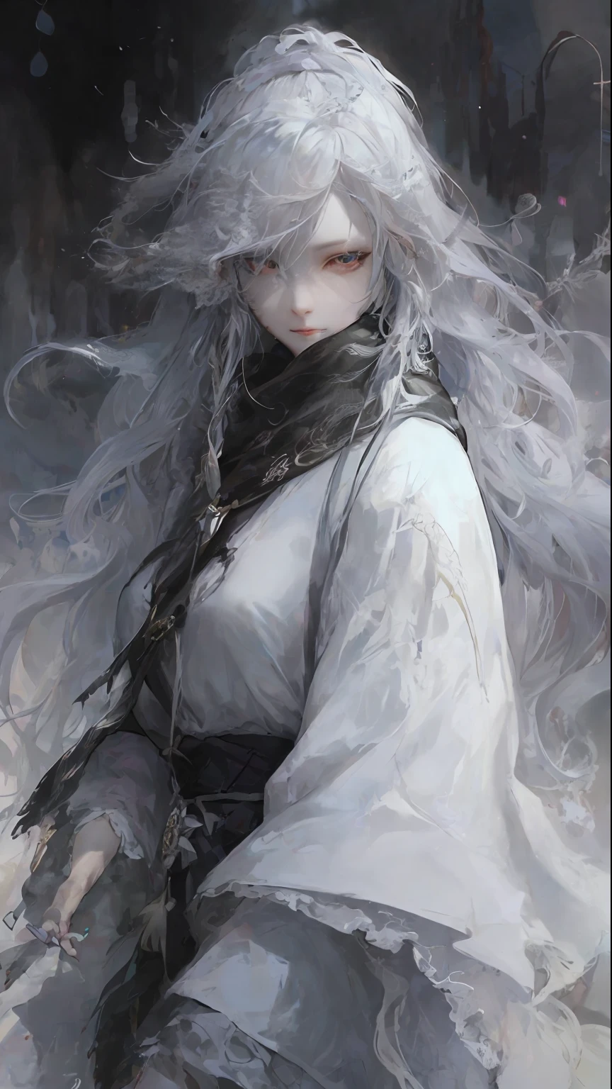 a close up of a woman with a white hair and a black scarf, a character portrait by Yang J, pixiv contest winner, fantasy art, white haired deity, beautiful character painting, artwork in the style of guweiz, the piercing stare of yuki onna, guweiz, with white long hair, with long white hair, flowing hair and long robes