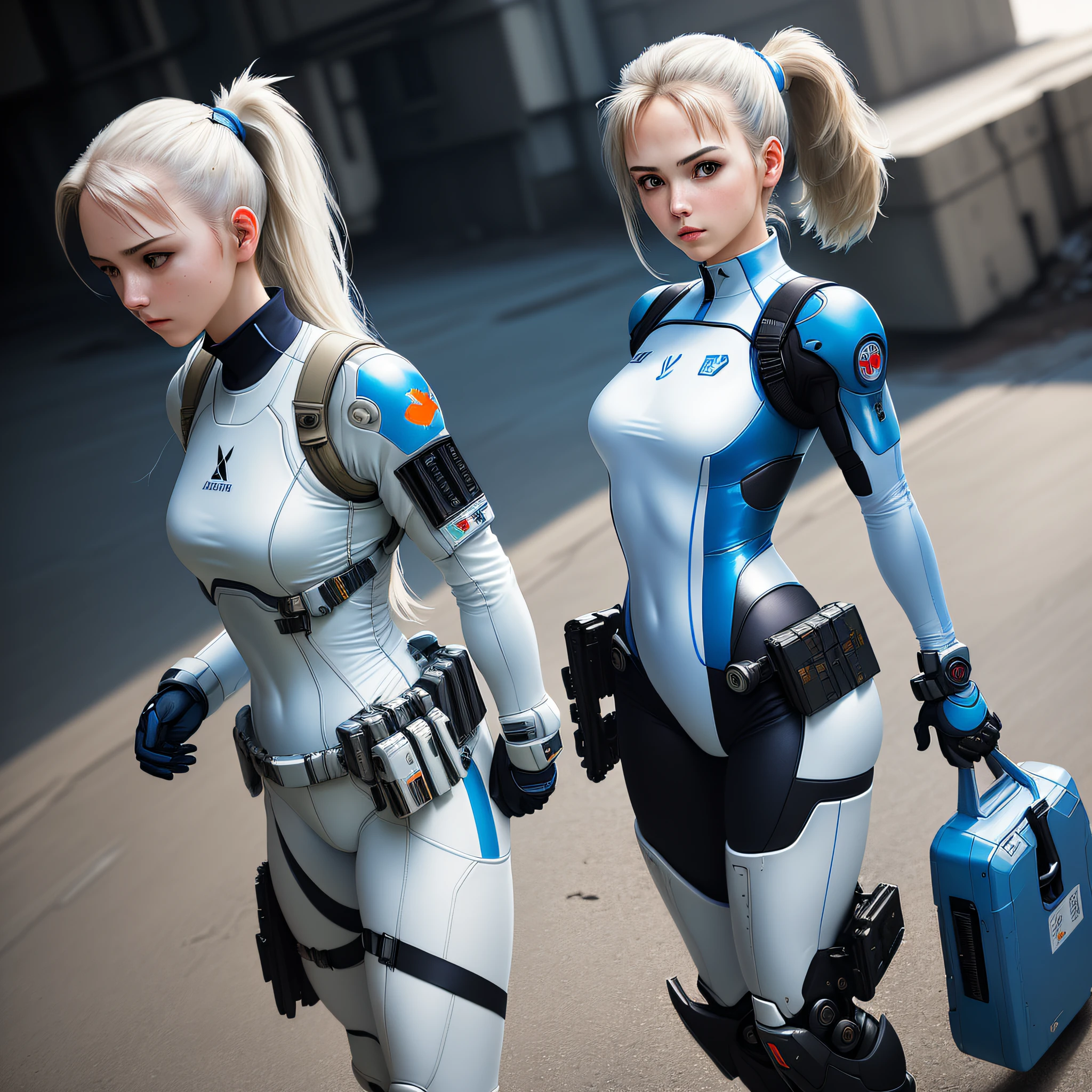 Masterpiece, Best Quality, One Girl, Medium, (((Album Cover)), Masterpiece, High Definition, Light on Face, White and Blue Color Flight Suit, Tight Fit Clothing, Full Body Covering Clothing, Slim Body, Exoskeleton, Metal Gear, Cyberpunk Style, Ponytail, Gundam