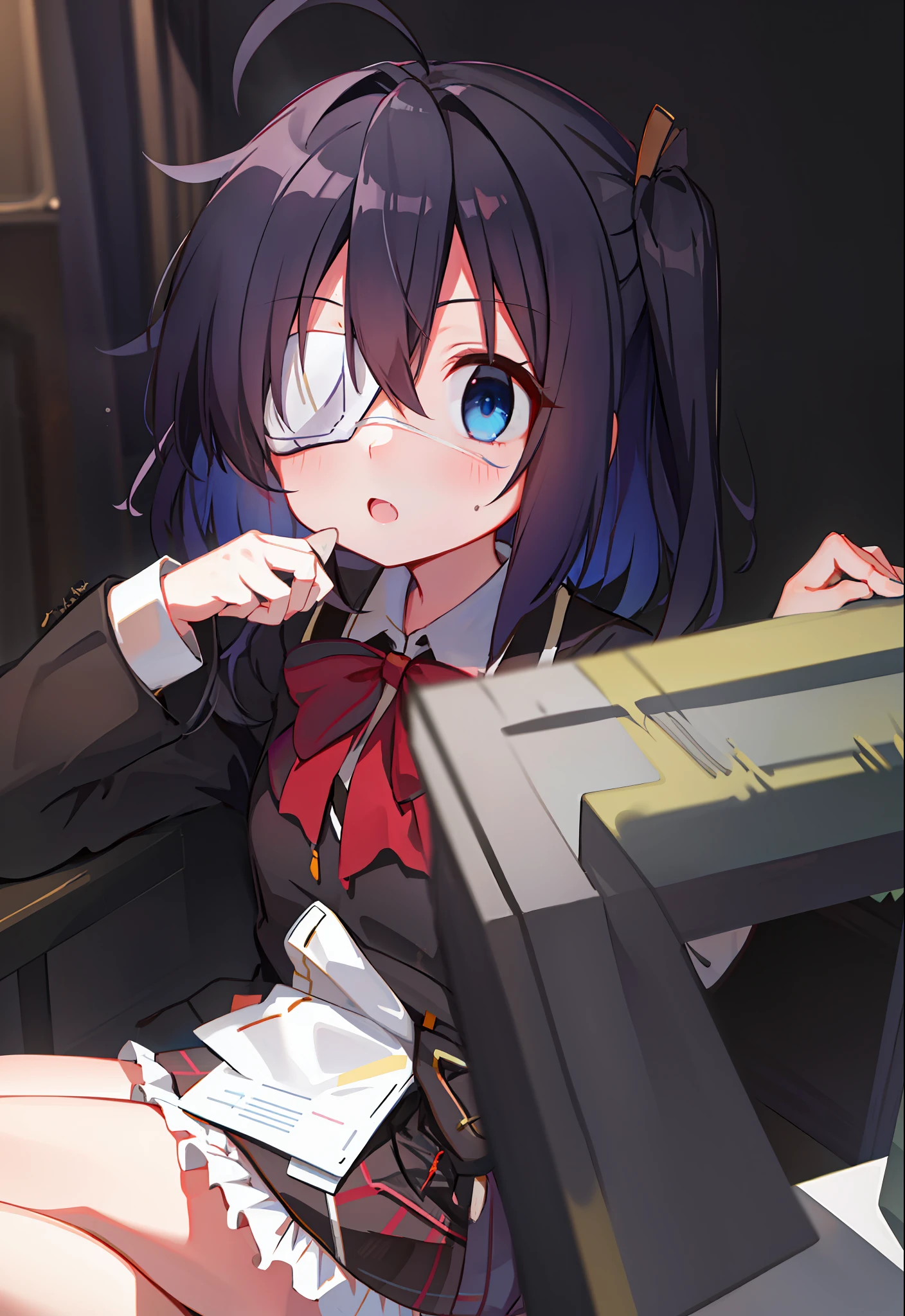 high res, masterpiece,Rikka Takanashi, black hair, solo, 1girl,outside,deatailed background, detailed eyes, ((blue eyes)), eyepatch