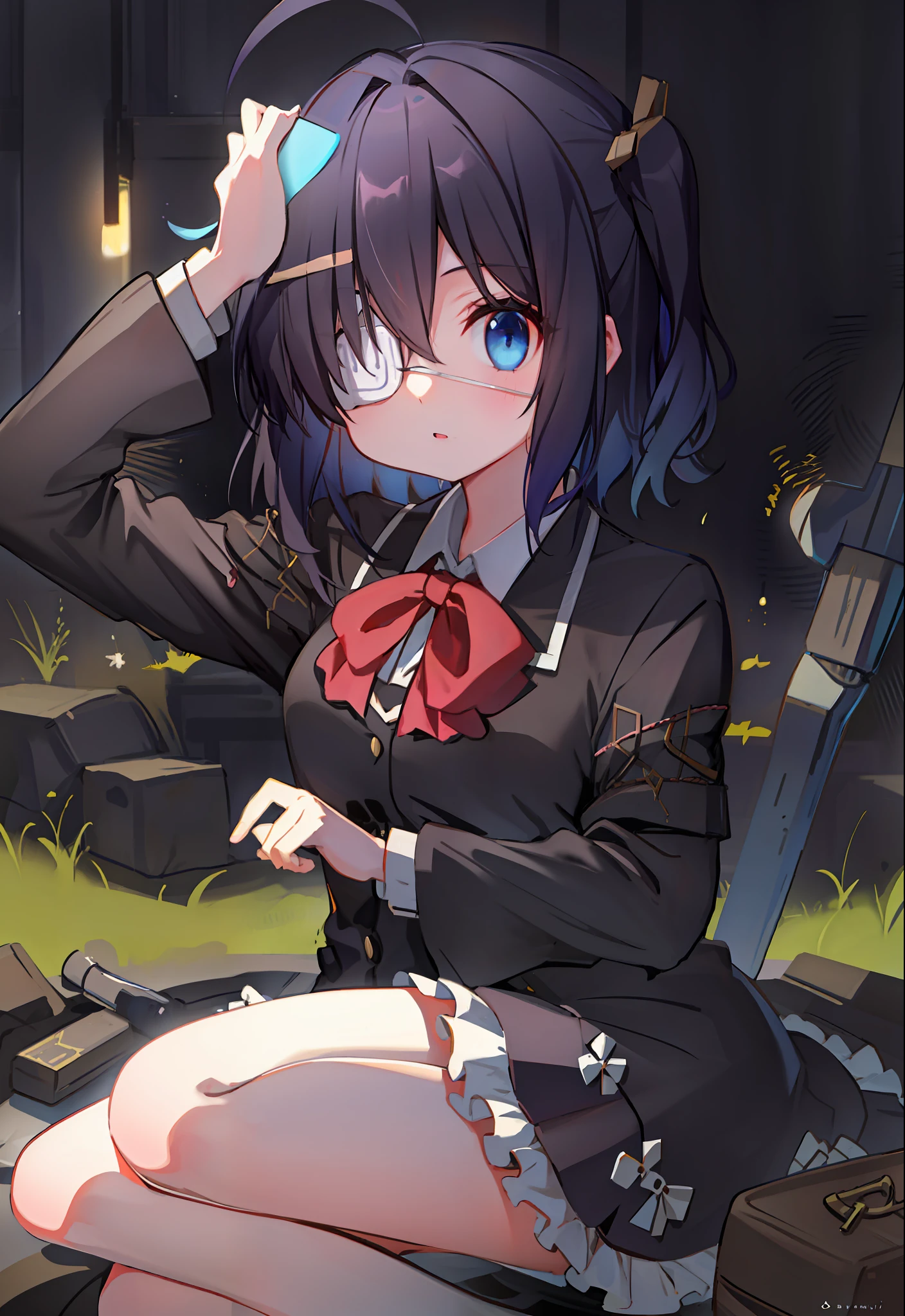 high res, masterpiece,Rikka Takanashi, black hair, solo, 1girl,outside,deatailed background, detailed eyes, ((blue eyes)), eyepatch
