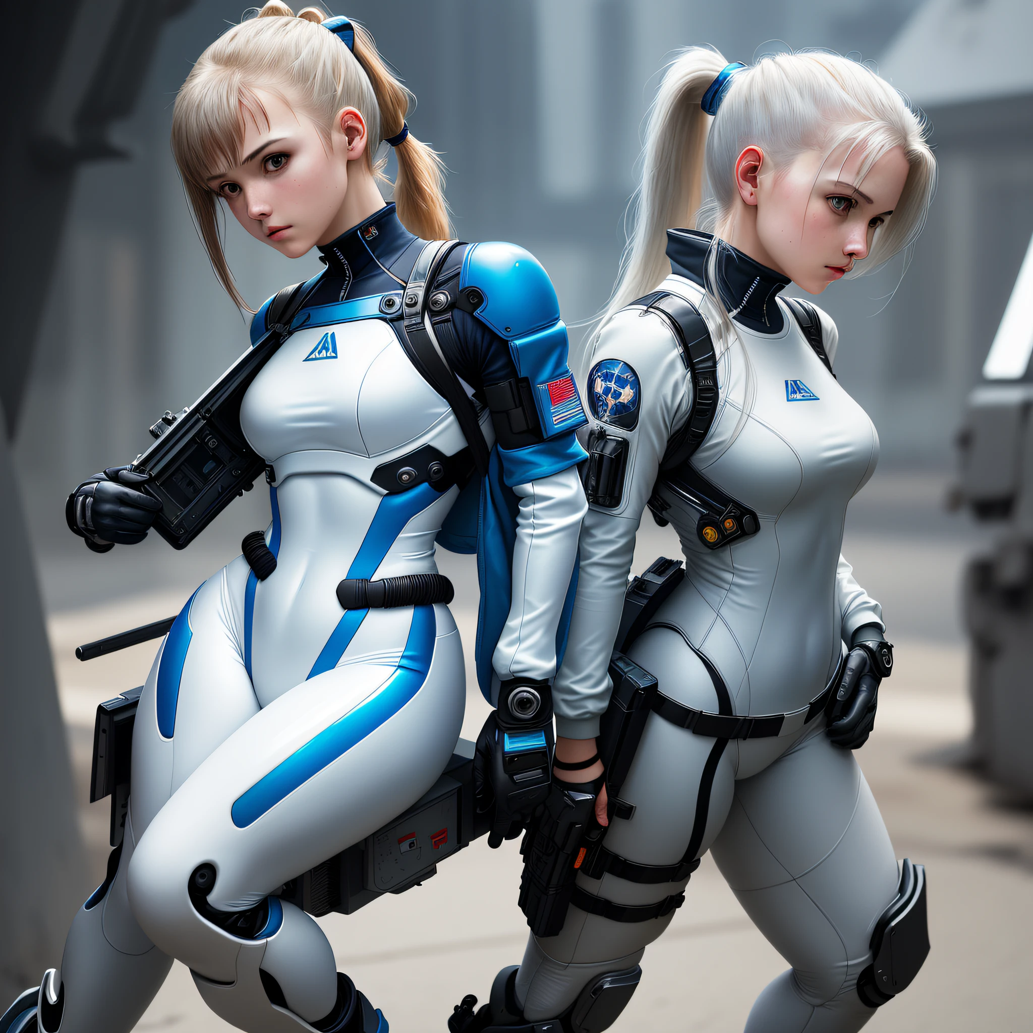 Masterpiece, Best Quality, One Girl, Medium, (((Album Cover)), Masterpiece, High Definition, Light on Face, White and Blue Color Flight Suit, Tight Fit Clothing, Full Body Covering Clothing, Slim Body, Exoskeleton, Metal Gear, Cyberpunk Style, Ponytail, Gundam