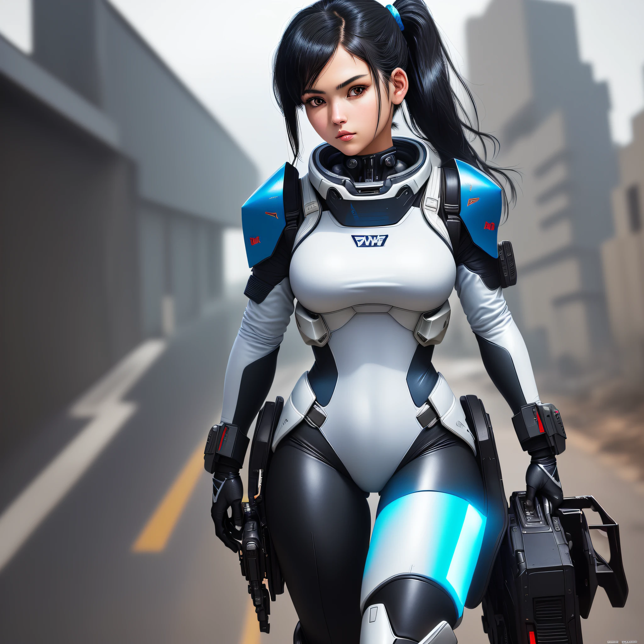 (Highest Resolution, distinct_image), One Girl with Black Hair, Medium, Best Quality, (((Album Cover)), Masterpiece, High Definition, Semi-Realistic, Light on Face, Full Body Figure, Triple Bang, Tight Fit Full-body covering white and blue color flight suit, beauty, slim body, exoskeleton, cyberpunk style, Gundam, Metal Gear, ponytail