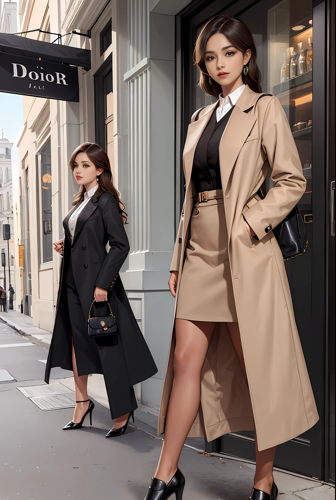 a woman in a brown dress and black shoes standing outside a store, Dior store, Dior showroom, trench coat and suit, tan, light brown coat, femme, wearing business casual dress, elegant dress, elegant suit, high quality suit, beige, wearing jacket and skirt, office clothes, tan suit, business attire, formal attire, elegant clothes, elegant style, 360*, stylish, dress, (hyperrealistic), (illustration), (high resolution), (8K), (extremely detailed), (best illustration), (beautiful detailed eyes), (best quality), (ultra-detailed), (masterpiece), (wallpaper), (detailed face)
