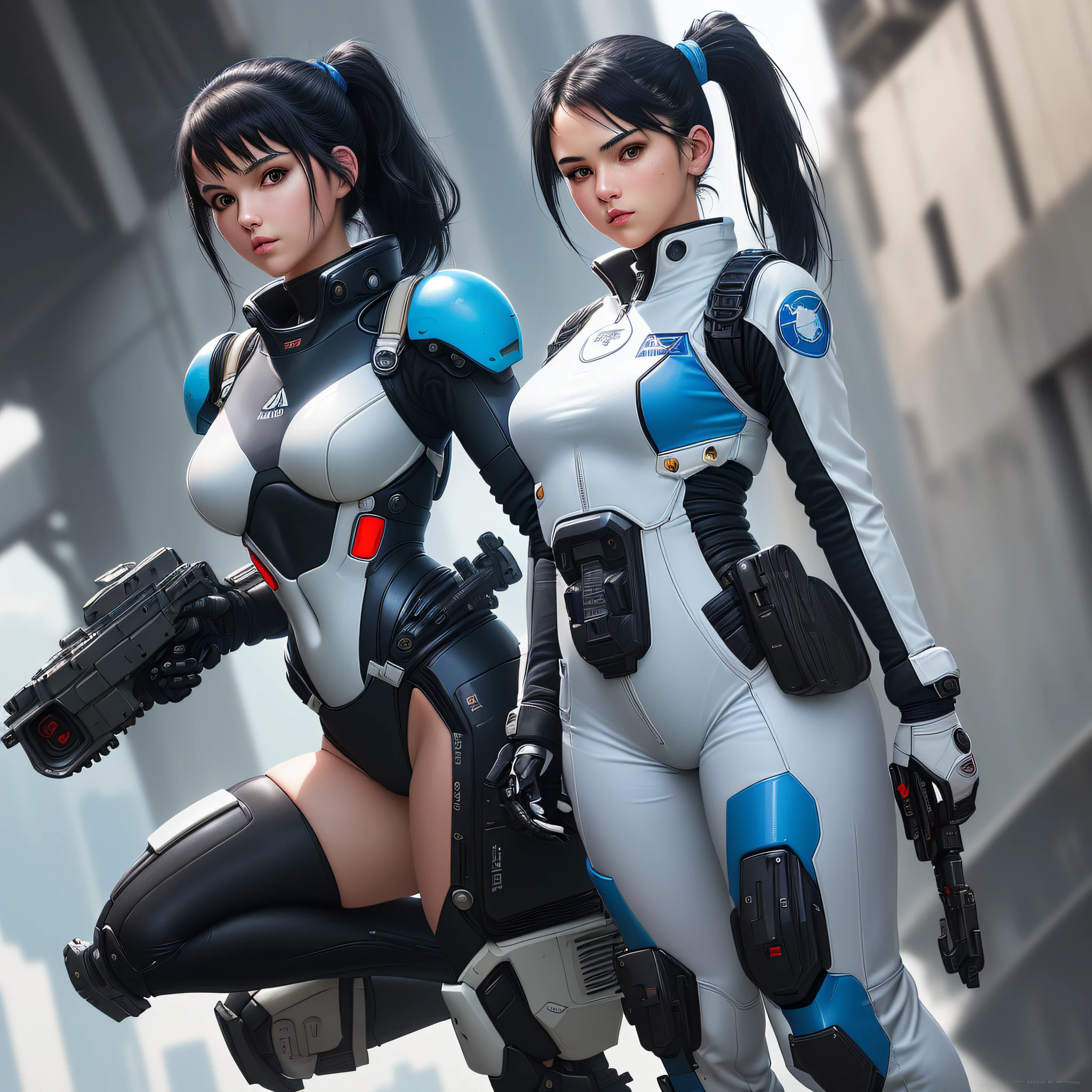 (Highest Resolution, distinct_image), One Girl with Black Hair, Medium, Best Quality, (((Album Cover)), Masterpiece, High Definition, Semi-Realistic, Light on Face, Full Body Figure, Triple Bang, Tight Fit Full-body covering white and blue color flight suit, beauty, slim body, exoskeleton, cyberpunk style, Gundam, Metal Gear, ponytail