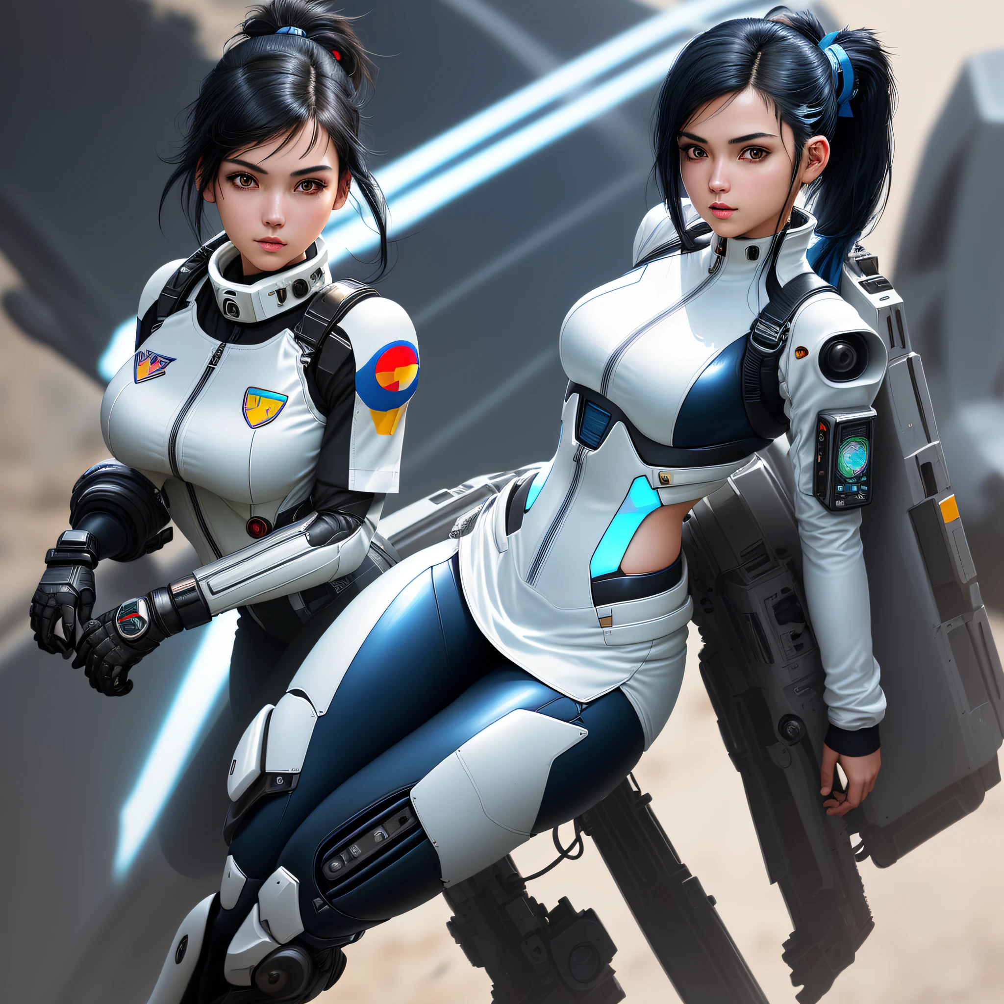(Highest Resolution, distinct_image), One Girl with Black Hair, Medium, Best Quality, (((Album Cover)), Masterpiece, High Definition, Semi-Realistic, Light on Face, Full Body Figure, Triple Bang, Tight Fit Full-body covering white and blue color flight suit, beauty, slim body, exoskeleton, cyberpunk style, Gundam, Metal Gear, ponytail