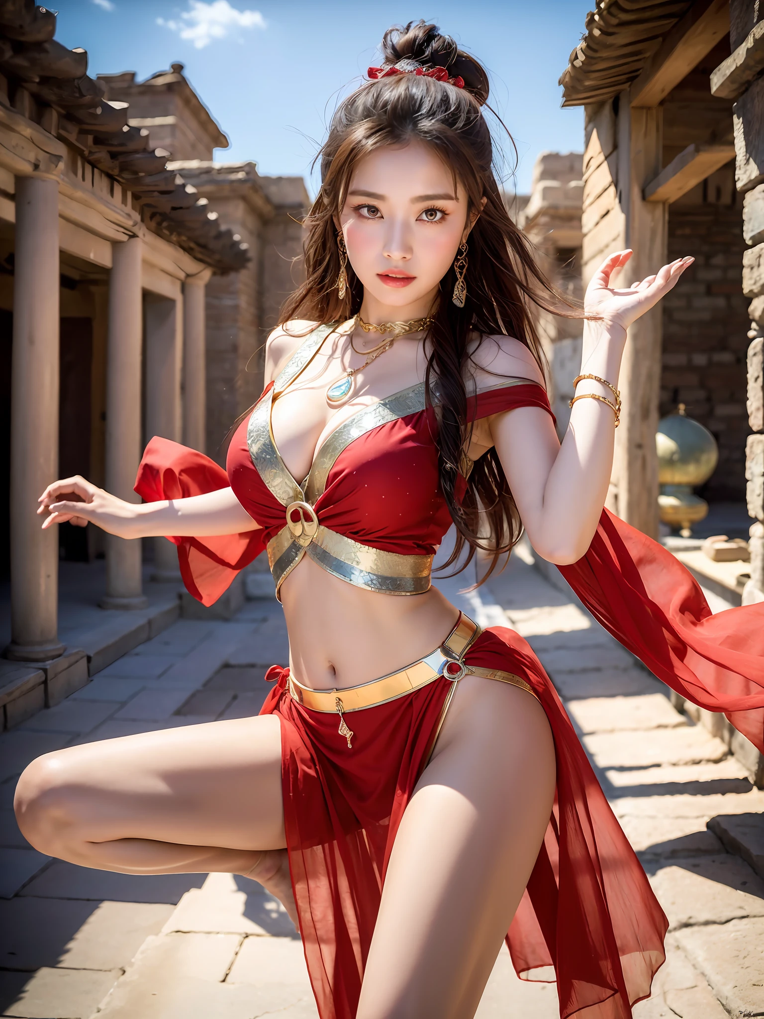 (8k, RAW photo, best quality, masterpiece:1.2), (realistic, photo-realistic:1.4), (extremely detailed CG unity 8k wallpaper), (1 girl:1.5), Western beauty, (Red clothes: 1.4), red spots on forehead, pale skin, blush, big eyes, full body, thighs, open navel, gold waist chain, gold jewelry, flying ribbons, particles, background is Loulan ancient city, ancient city wall, desert, dance, dunhuang_dress, dunhuang_style,