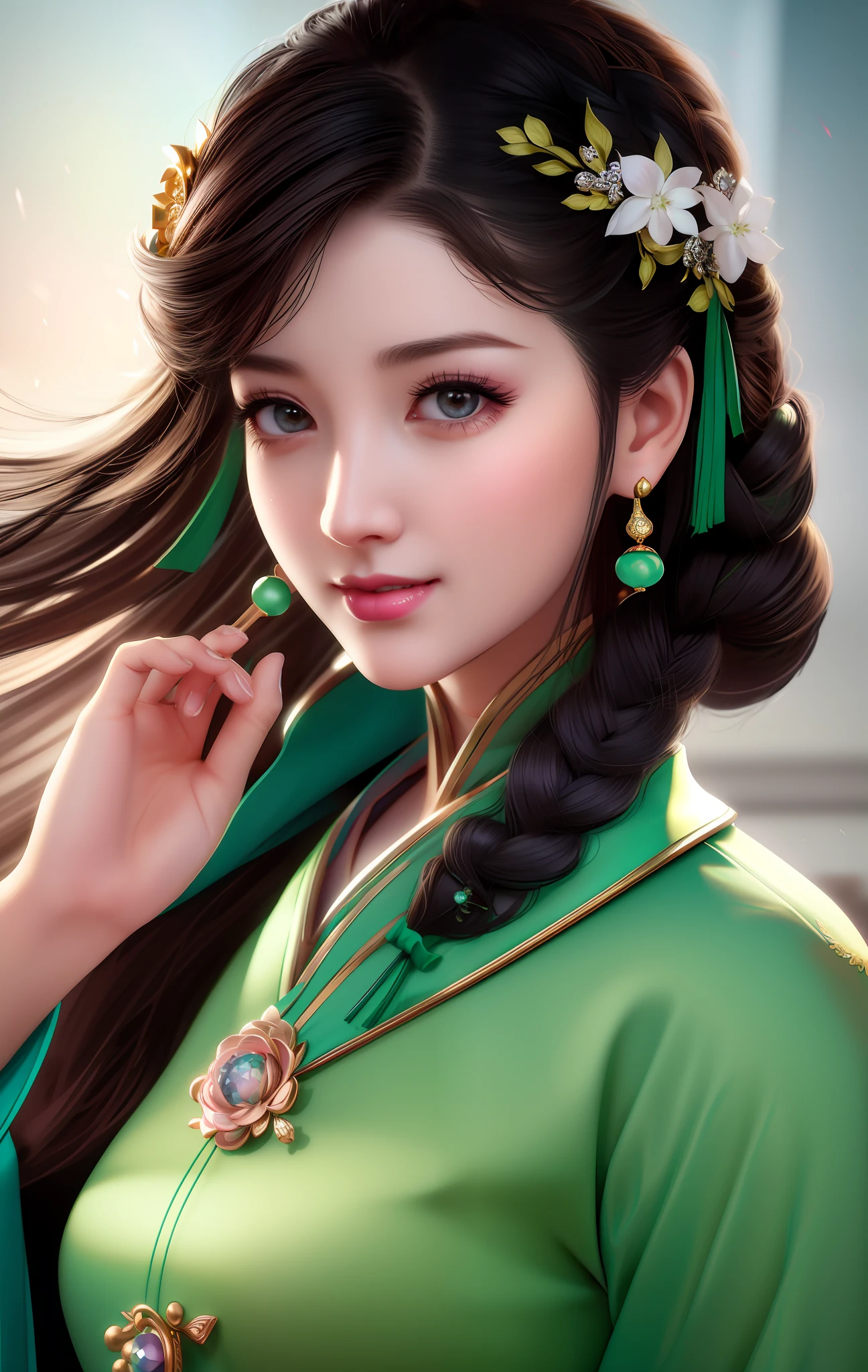 Best quality, masterpiece, high resolution, night, full moon, 1 girl, mature woman, chinoiserie, ancient china, sister, royal sister, smile, dark brown hair, dark hair, princess cut, twist braid, curly hair, double ball head, light pink lips, calm, intellectual, medium hair, green eyes, hairpin, hydrangea ball, delicate face, face close-up, hand close-up, green clothes, beauty, human body, tyndall effect, realistic, light edge, two-tone lighting, (high detail skin: 1.2), 8k uhd, dslr, soft light, high quality, volumetric lighting, photo, high resolution, 4k, 8k, bokeh