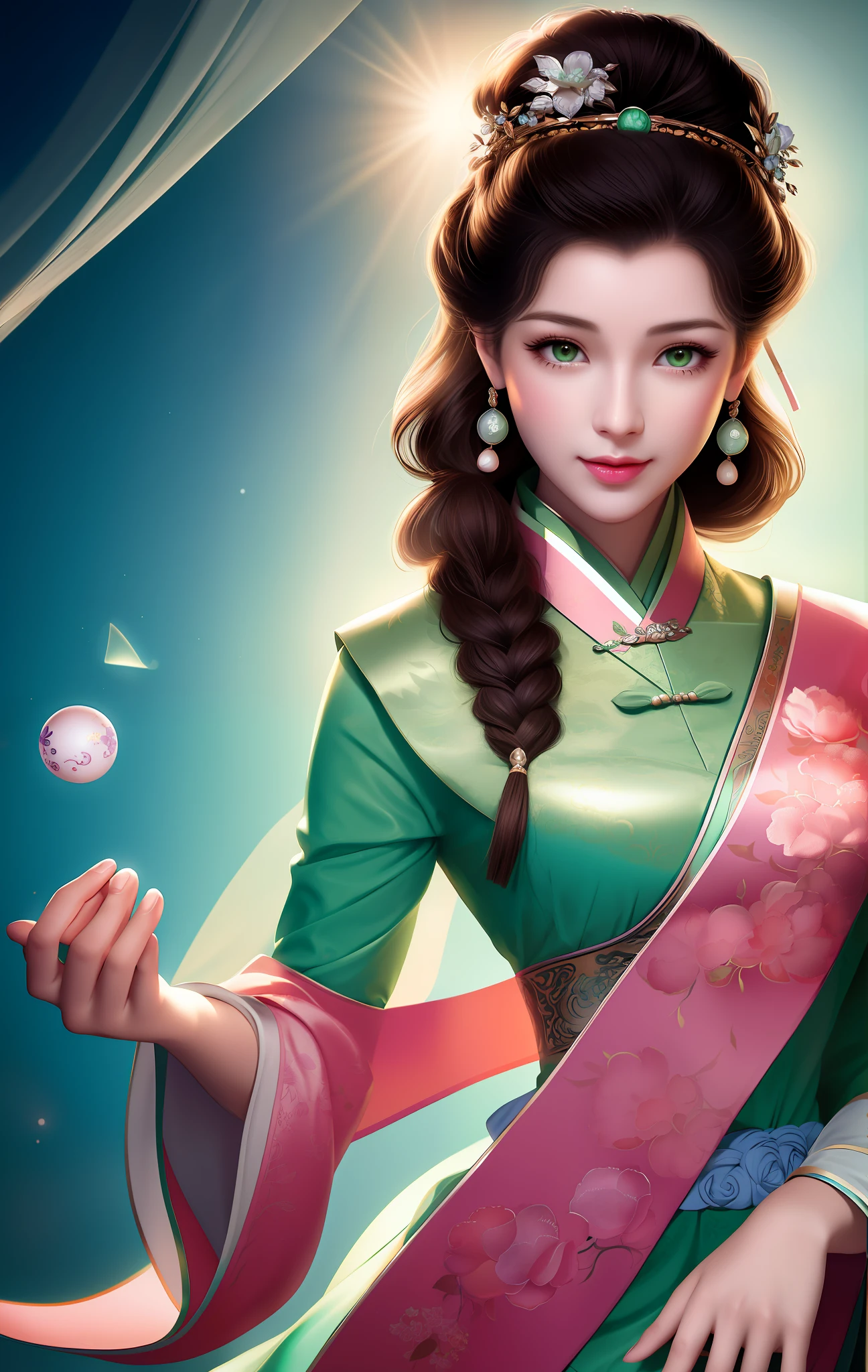 Best quality, masterpiece, high resolution, night, full moon, 1 girl, mature woman, chinoiserie, ancient china, sister, royal sister, smile, dark brown hair, dark hair, princess cut, twist braid, curly hair, double ball head, light pink lips, calm, intellectual, medium hair, green eyes, hairpin, hydrangea ball, delicate face, face close-up, hand close-up, green clothes, beauty, human body, tyndall effect, realistic, light edge, two-tone lighting, (high detail skin: 1.2), 8k uhd, dslr, soft light, high quality, volumetric lighting, photo, high resolution, 4k, 8k, bokeh