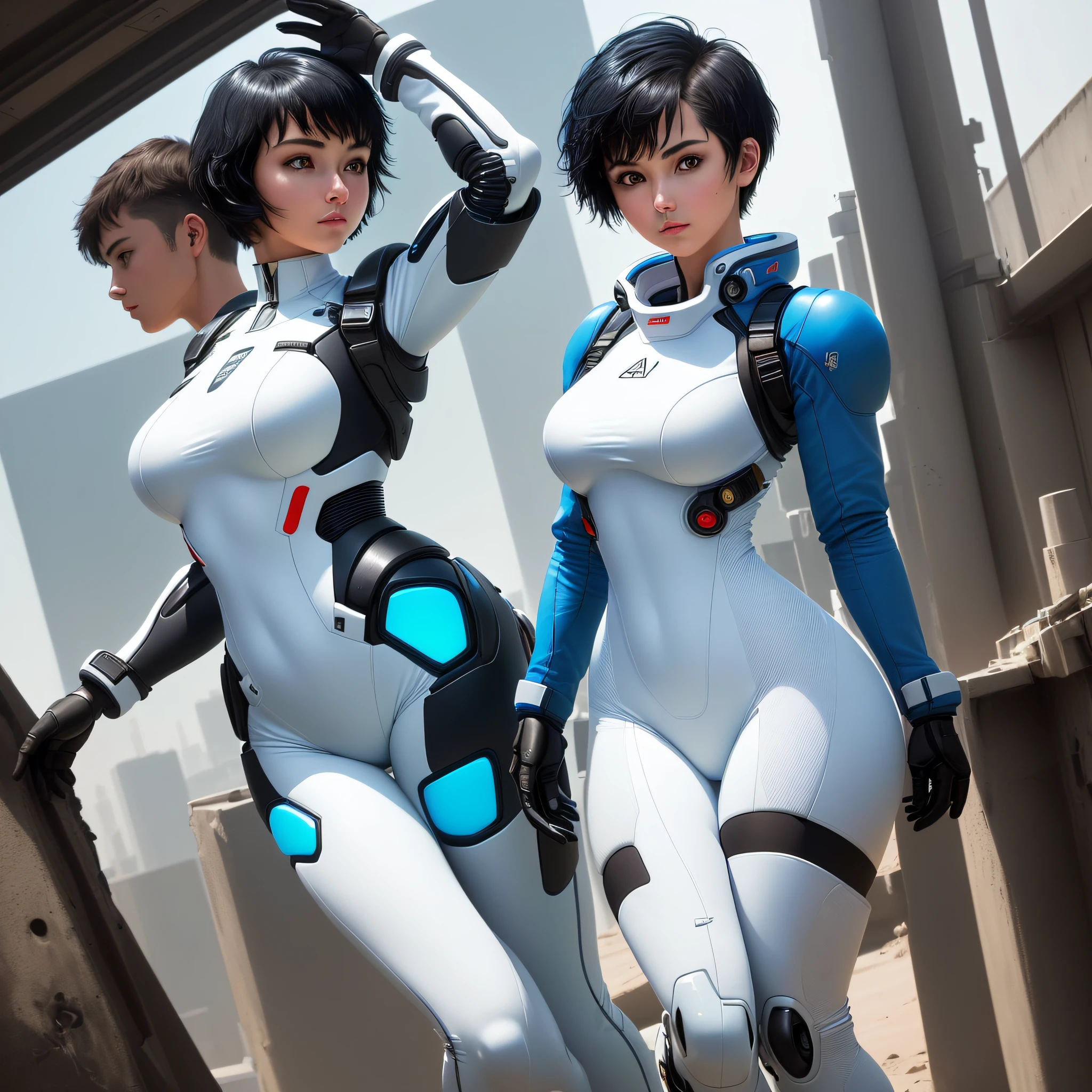 (highest resolution, distinct_image), highest quality, (((album cover)), masterpiece, high definition, semi-realistic, one girl with short black hair, light on face, full body figure, medium breasts, triple bang, white and blue color flight suit, tight fit clothes, full body covering clothes, beauty, slim body, exoskeleton, cyberpunk style, gundam