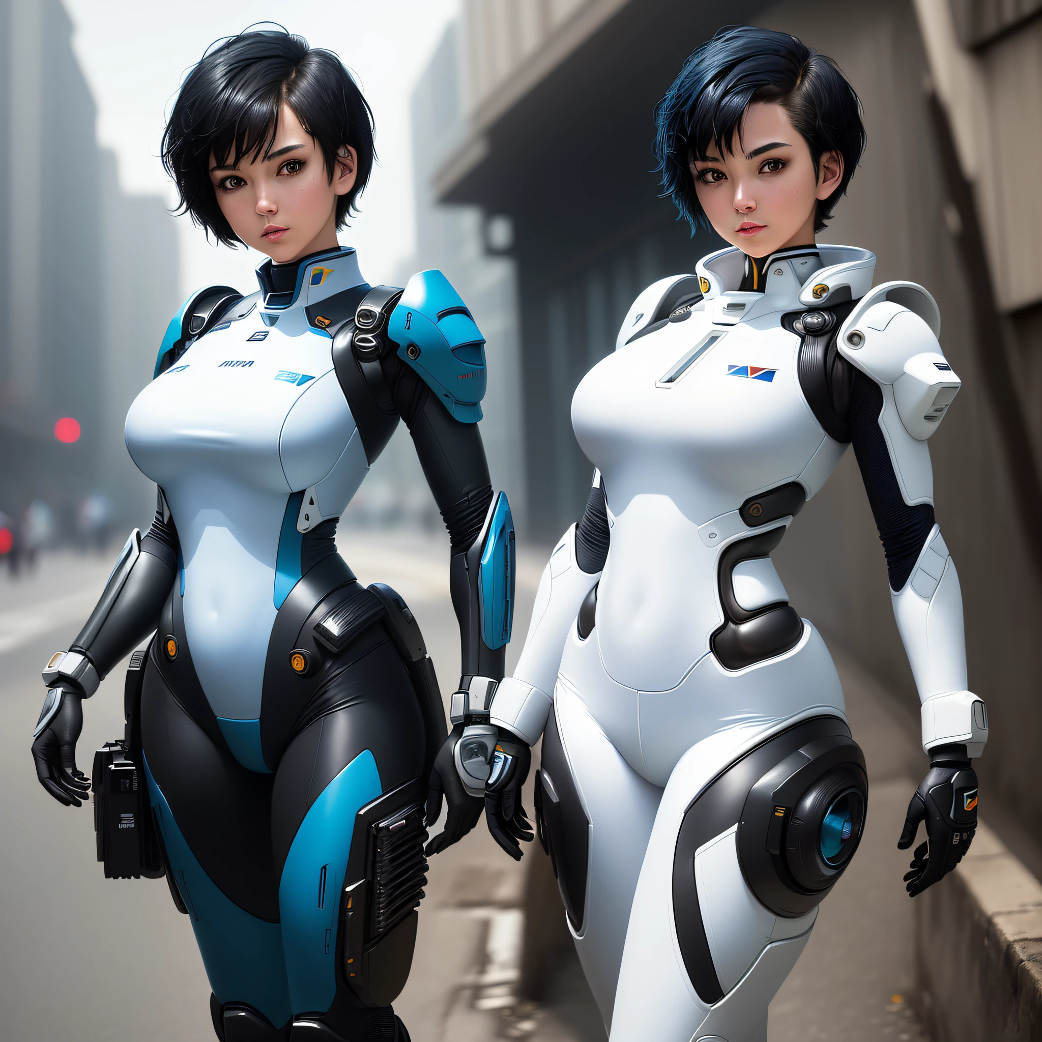 (highest resolution, distinct_image), highest quality, (((album cover)), masterpiece, high definition, semi-realistic, one girl with short black hair, light on face, full body figure, medium breasts, triple bang, white and blue color flight suit, tight fit clothes, full body covering clothes, beauty, slim body, exoskeleton, cyberpunk style, gundam