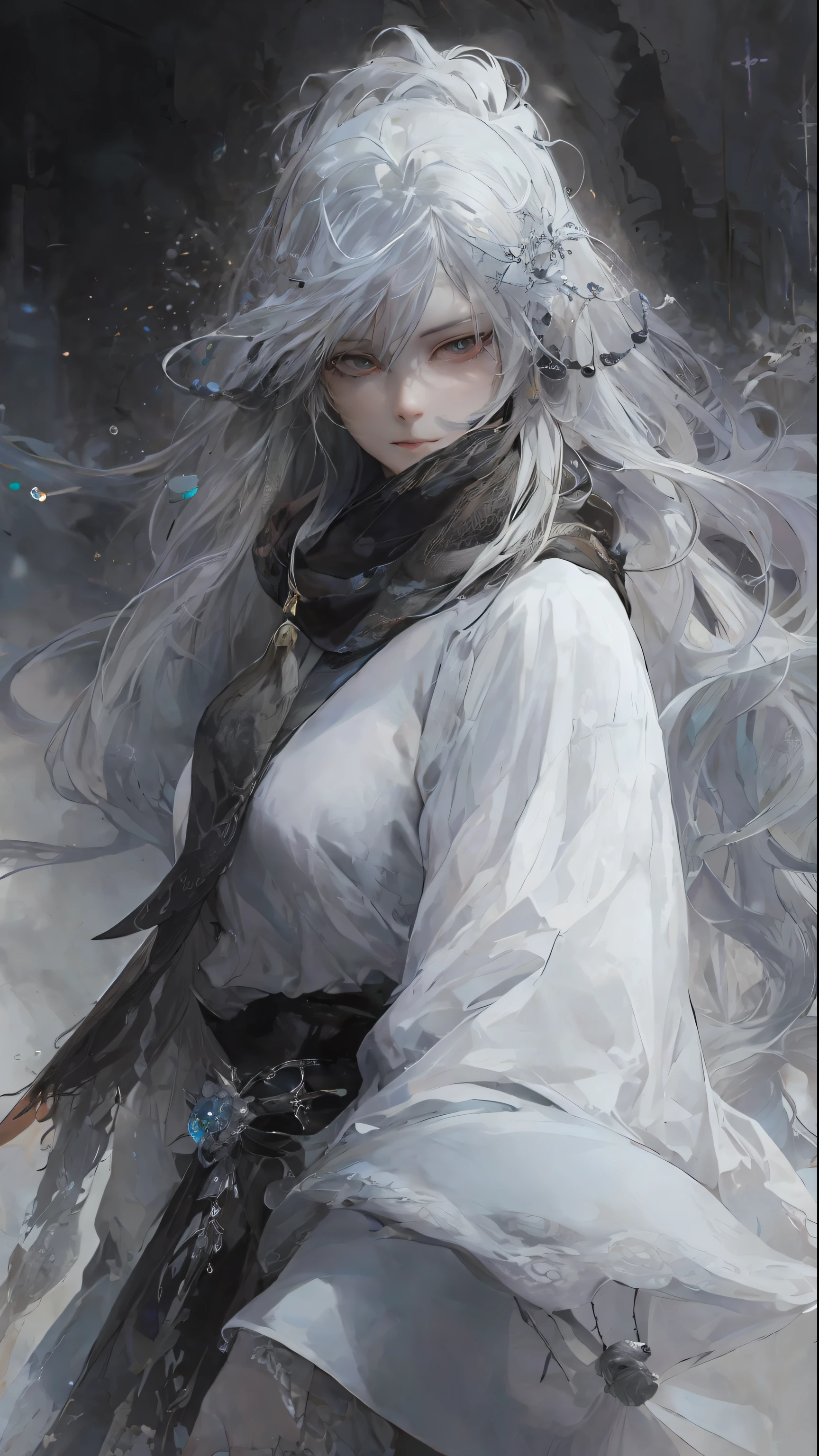a close up of a woman with a white hair and a black scarf, a character portrait by Yang J, pixiv contest winner, fantasy art, white haired deity, beautiful character painting, artwork in the style of guweiz, the piercing stare of yuki onna, guweiz, with white long hair, with long white hair, flowing hair and long robes