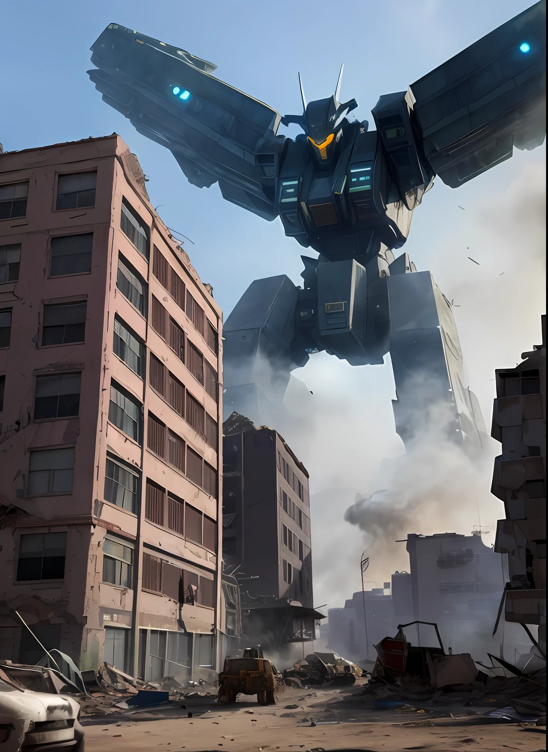 Dilapidated buildings, disaster scenes, mecha monsters, smoke filled, science fiction, mecha and creature combination, distant views, battle scenes, three point perspective composition, movie lighting, masterpiece, highest quality, 4K,