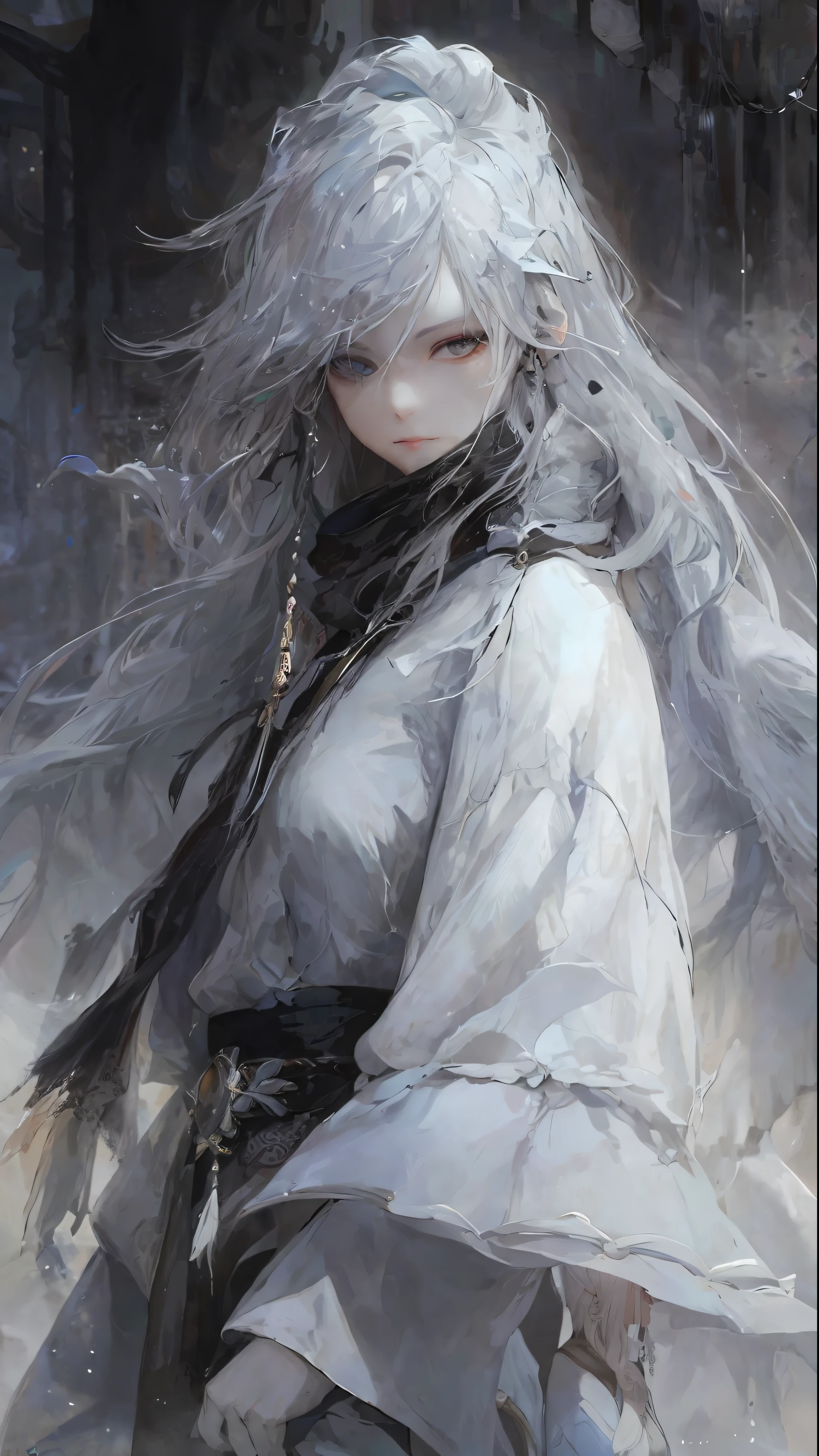 a close up of a woman with a white hair and a black scarf, a character portrait by Yang J, pixiv contest winner, fantasy art, white haired deity, beautiful character painting, artwork in the style of guweiz, the piercing stare of yuki onna, guweiz, with white long hair, with long white hair, flowing hair and long robes