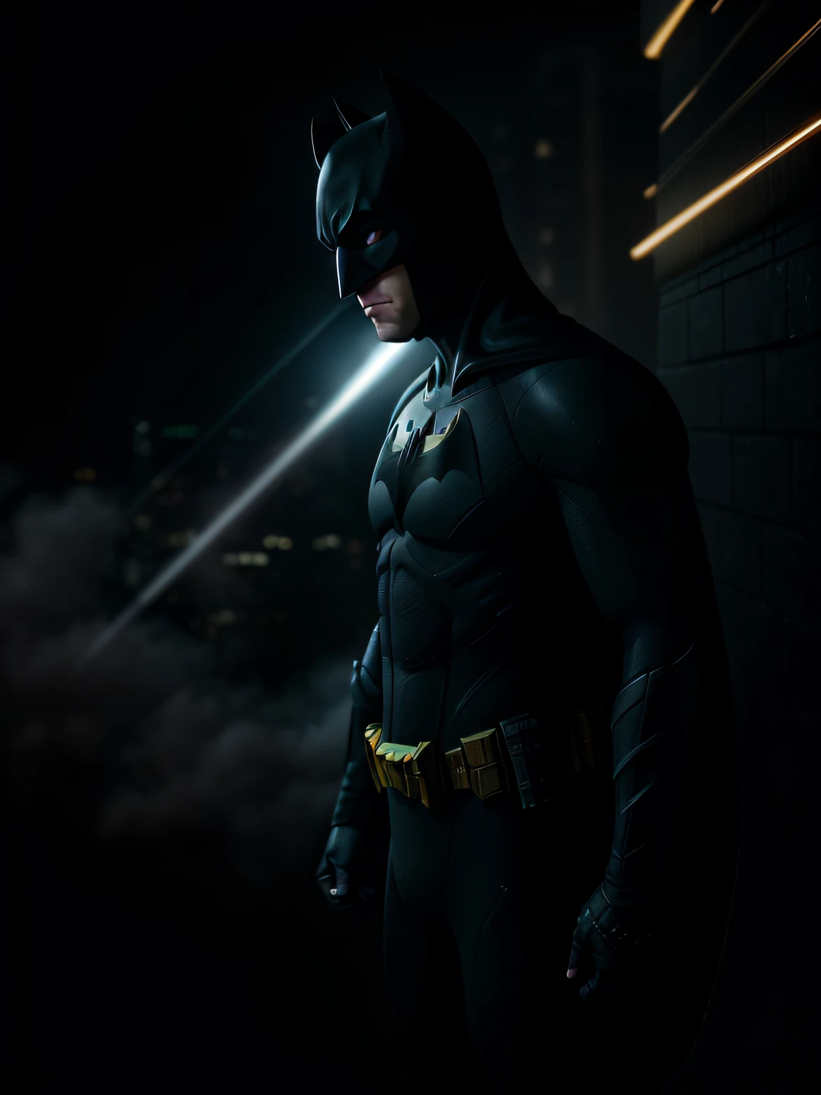 (Batman in the city of the future). (RAW photo, real life, absurd, high quality, detailed, realistic: 1.3), (solo: 1.3), high-resolution Batman photo with intricate details. ((metal reflex light, large flame, fog, smoke and dark background)), cinematic, atmospheric, 4k, realistic lighting, shot with Hassleblad camera, Zeiss lens, 50mm 1.2 lens, octane render, ultra-realistic, realistic lighting, photorealistic, photorealism, unreal engine, high detail, complex detail, (half body)).