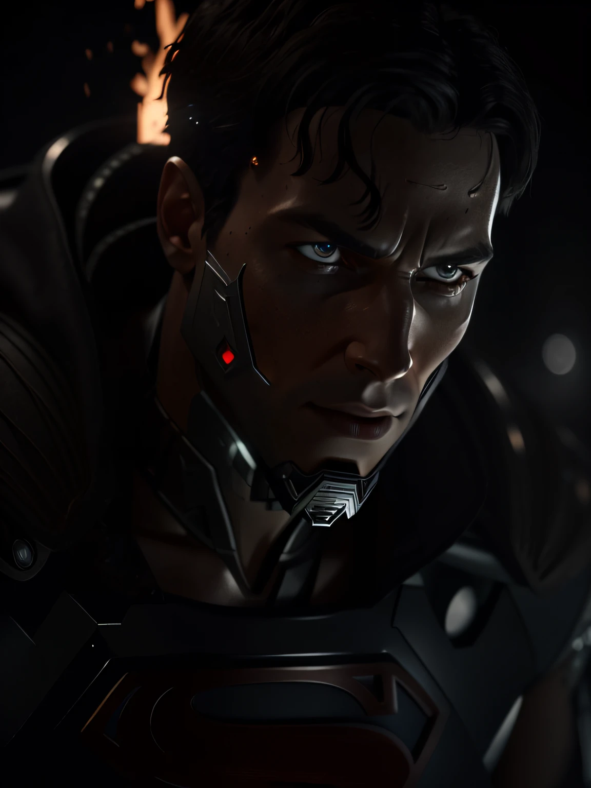 (Cyborg-Superman in the city of the future). (RAW photo, real life, absurd, high quality, detailed, realistic: 1.3), (solo: 1.3), high-resolution Superman photo with intricate details. ((metal reflex light, large flame, fog, smoke and dark background)), cinematic, atmospheric, 4k, realistic lighting, shot with Hassleblad camera, Zeiss lens, 50mm 1.2 lens, octane render, ultra-realistic, realistic lighting, photorealistic, photorealism, unreal engine, high detail, complex detail, (half body)).