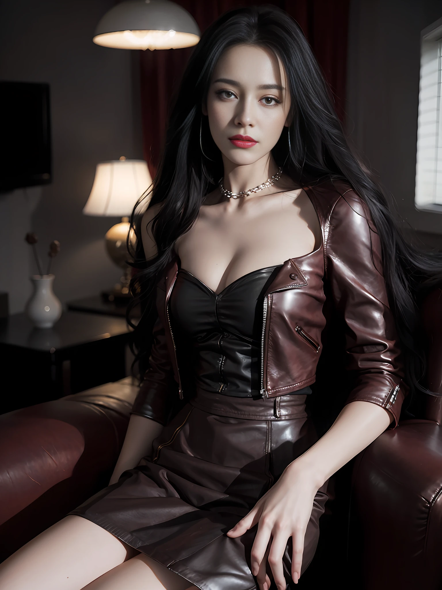 Woman with room, long hair realistic, vivid image, masterpiece, (best quality: 1.2), ultra detail, realistic, hd, high quality, cinematic light, ray tracing, super high resolution, UHD, (realistic: 1.5), complex detail, detailed texture, fine detail, high quality shadows, red leather jacket, bare shoulders, bare waist