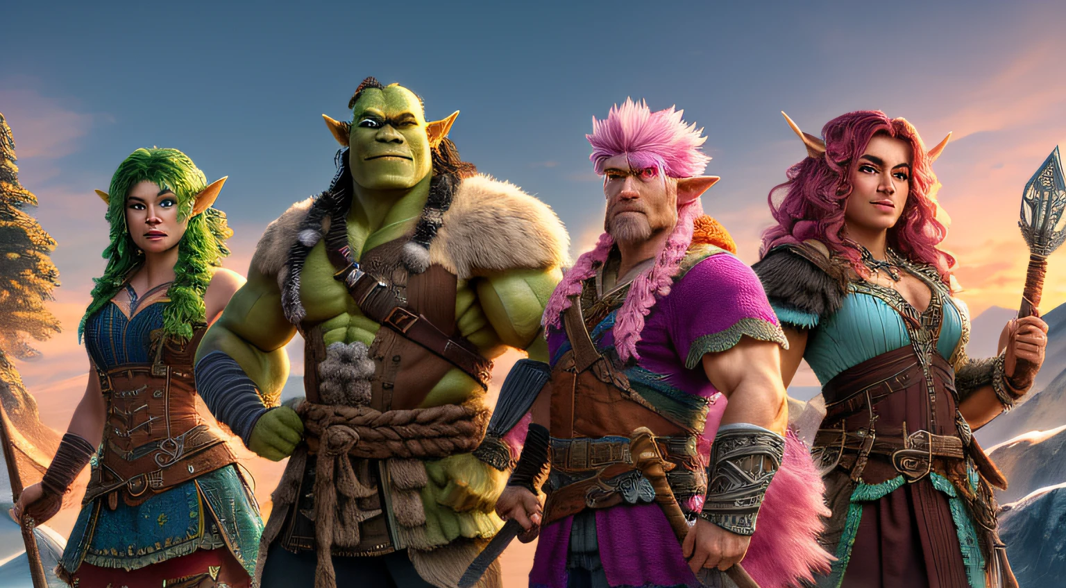 (extremely detailed 8k wallpaper),a medium shot photo of  a half orc wizard barbarian, a halflings bard, a wood elf arcane Archer with an iron golem right arm, a fearless Firbolg druid with a pink highlight in his hair, intricate, high detail, dramatic, big