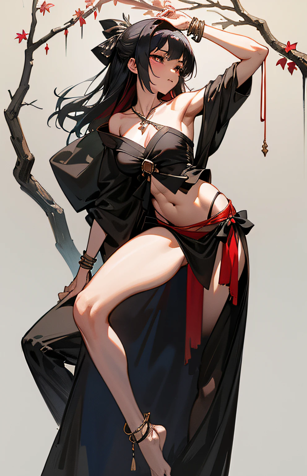 Brutal witch Sabato dance, brutal witch beauty, well-formed beautiful face, free pose, medieval, black satin sheer kimono, flowing tulle, fluttering veil, bone hair ornament, crimson bracelet, bone necklace, tattoo, shiny skin, loincloth shorts, (without bra), exposure, jewelry ornament on the arms, medium breast, sheer, navel, shoulder, neck, collarbone line, arm ring ribbon, wreaths, bracelets, anklets, pyroxene chain tassels around the belly, dedicated to the devil, ((strip dance)), (dark forest closed by darkness, silhouette of branch branches), ink wash, popular CGSTATION, masterpiece, recent quality, high resolution details, 32K