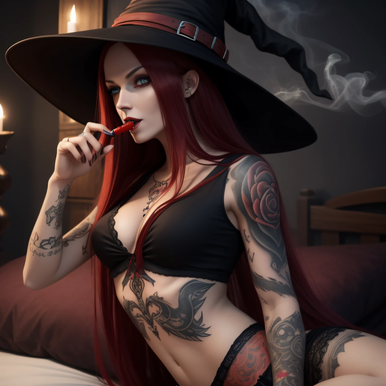 witch, witch hat, long red hair, tattooed arms, red eyes, vampire teeth, smoking vape, smoke coming out of her mouth, lying on a bed, sensual position, short clothes, best quality, good anatomy, detailed face, 4k, masterpiece, detailed eyes
