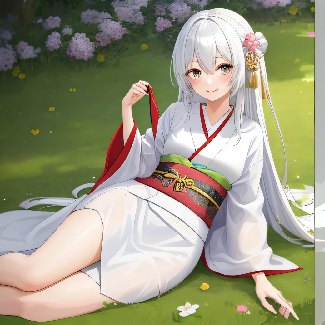 anime girl in white dress laying on grass with flowers in her hair, white haired deity, onmyoji portrait, shikamimi, perfect white haired girl, girl with white hair, flowing white robes, white-haired, white haired, guweiz on pixiv artstation, cute anime waifu in a nice dress, white haired lady, smooth anime cg art