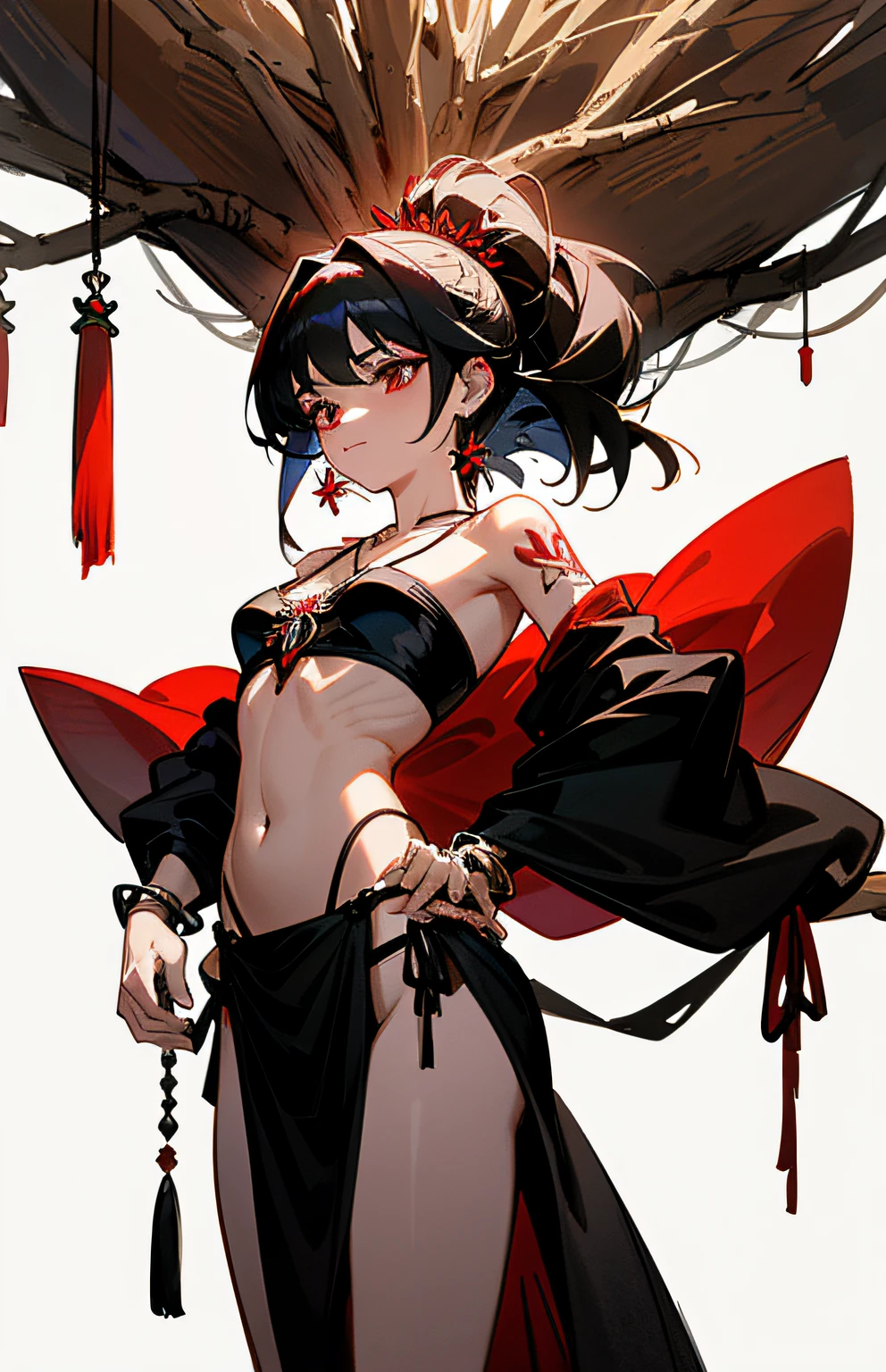 Brutal witch Sabato dance, brutal witch beauty, well-formed beautiful face, free pose, medieval, black satin sheer kimono, flowing tulle, fluttering veil, bone hair ornament, crimson bracelet, bone necklace, tattoo, shiny skin, loincloth shorts, (without bra), exposure, jewelry ornament on the arms, medium breast, sheer, navel, shoulder, neck, collarbone line, arm ring ribbon, wreaths, bracelets, anklets, pyroxene chain tassels around the belly, dedicated to the devil, ((striptease)), dark forest in darkness, silhouettes of branches and branches, ink wash, popular CGSTATION, masterpieces, recent quality, high-resolution details, 32K