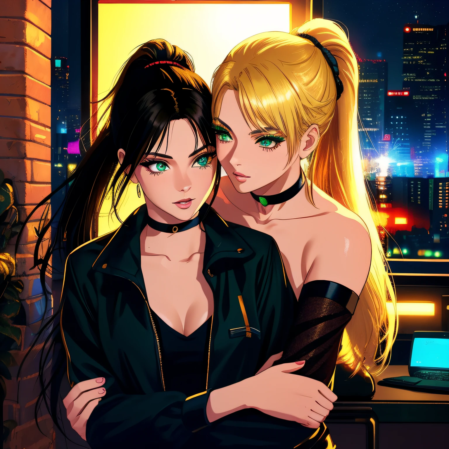 "(masterpiece, best quality, 8k, sharp focus, depth of field, best shadows, perfect lights, HDR, realistic skin texture, ultra-detailed, detailed background)", anime style, 2 women hugging (one of them has green eyes, white skin, black hair with ponytail, choker, small breasts, slim, makeup, eyeliner, glitter), (the other woman has blonde hair), in a room with neo cyberpunk lights and computers and guns