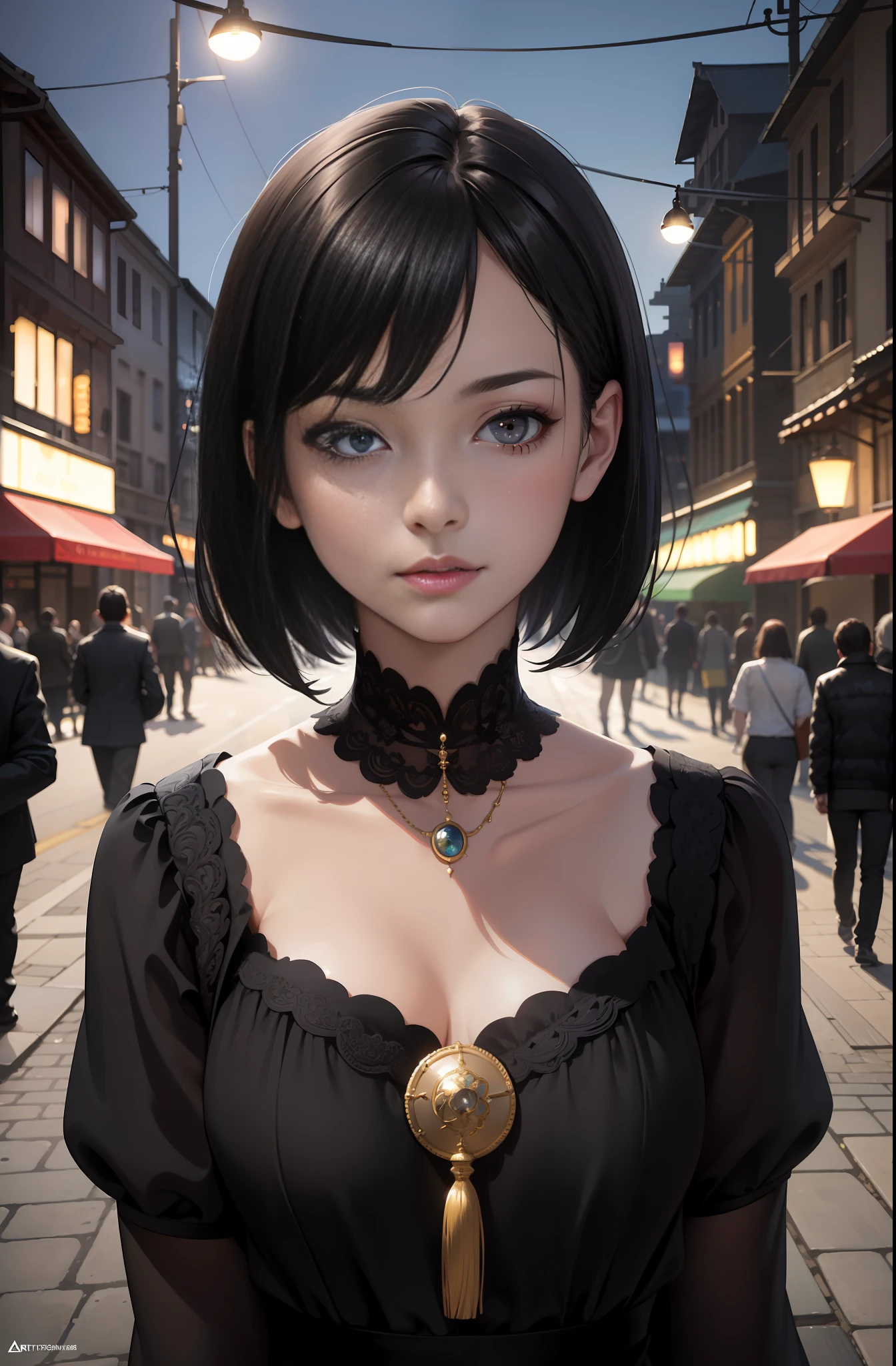 masterpiece, best quality, miranda, (halfbody shot,street lamps,moon),Masterpiece, 1girl, solo exhibition, beautiful woman on the bustling street, surrounded by hawkers, beautiful goddess girl portrait, beautiful and detailed face, porcelain skin, (((bust shot, center, night, black hair, short hair)), super soft lighting, symmetry, complexity, elegance, high detail, realism, art, concept art,
