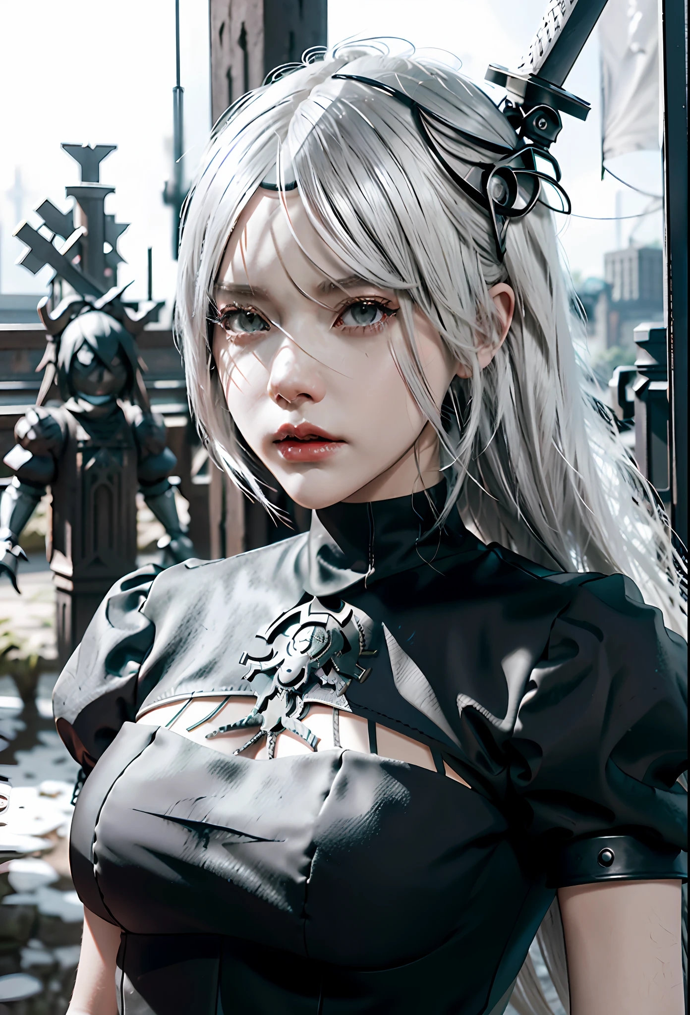 anime girl with white hair and black top holding a sword, 2b nier automata, nier 2 b, nier autoamata, nier : automata inspired, nier:automata inspired, 2b from nier automata, 2 b from nier automata, 2b, 2 b, nier, nier automata, cyborg - girl with silver hair