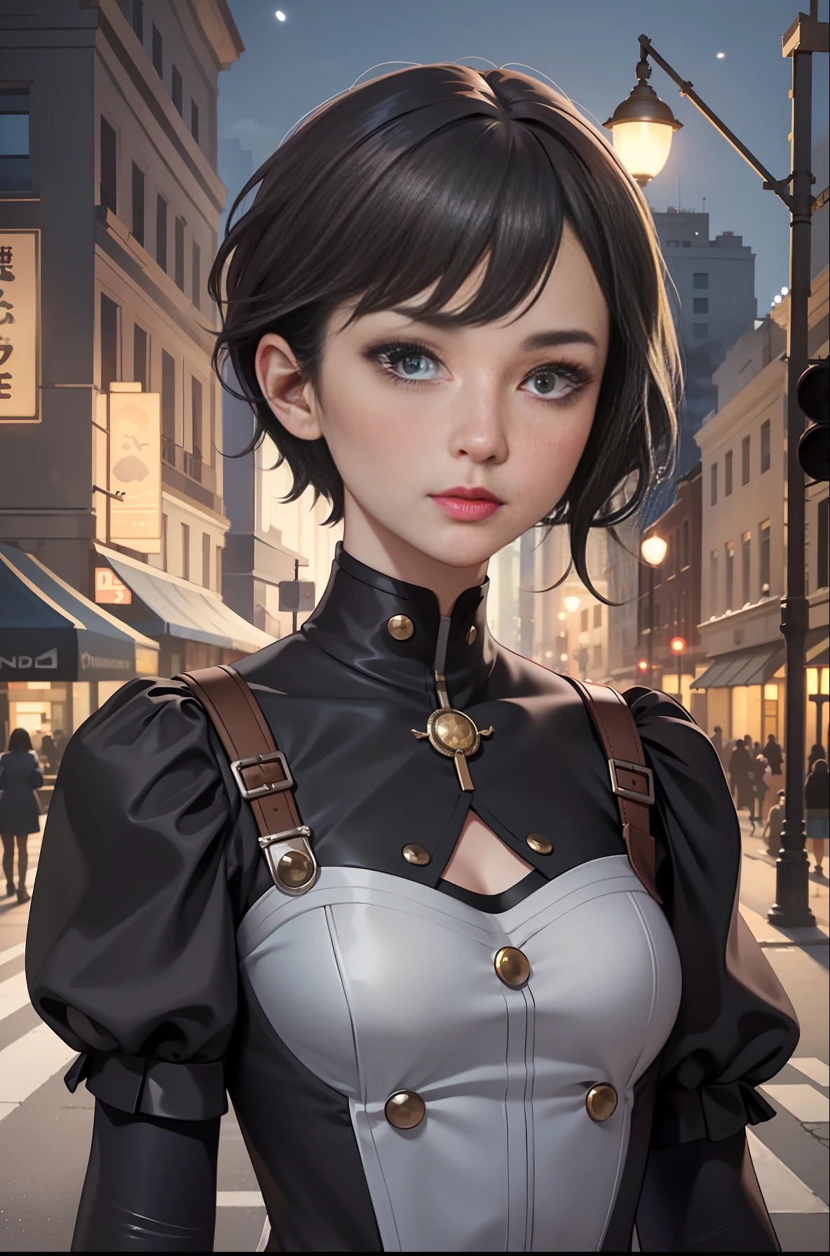 masterpiece, best quality, miranda, (halfbody shot,street lamps,moon),Masterpiece, 1girl, solo exhibition, beautiful woman on the bustling street, surrounded by hawkers, beautiful goddess girl portrait, beautiful and detailed face, porcelain skin, (((bust shot, center, night, black hair, short hair)), super soft lighting, symmetry, complexity, elegance, high detail, realism, art, concept art,