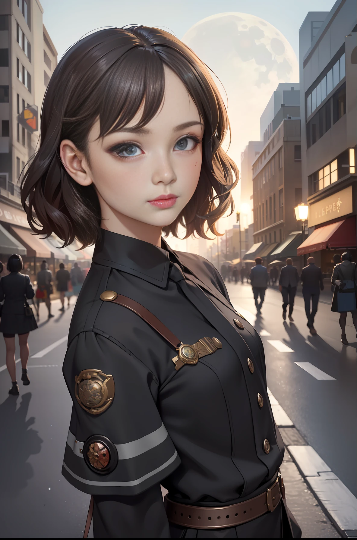 masterpiece, best quality, miranda, (halfbody shot,street lamps,moon),Masterpiece, 1girl, solo exhibition, beautiful woman on the bustling street, surrounded by hawkers, beautiful goddess girl portrait, beautiful and detailed face, porcelain skin, (((bust shot, center, night, black hair, short hair)), super soft lighting, symmetry, complexity, elegance, high detail, realism, art, concept art,
