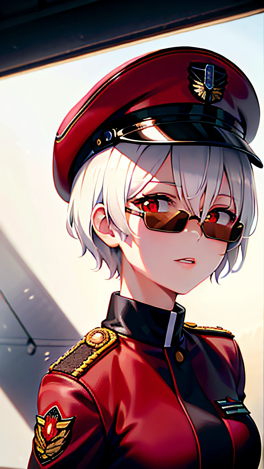 masterpiece , a girl, in airfield, ( lite white short hair:1.2), (red eyes:1.2), (Millitary pilot uniform:1.2), (looks at the viewer:1.2) , (8k, best quality 1.2), ultra-detailed, 8k uhd, soft lighting, high quality, film grain, beautiful lighting, cinematic ,perfect body , best illumination, best shadow, sharpness, contrast, red glasses, absurdres high detailed face, pilot hats