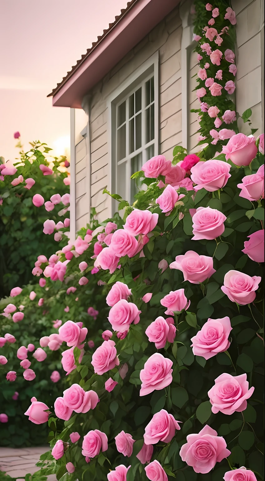 there is a pink rose bush with pink flowers in front of a house, roses in cinematic light, beautiful and aesthetic, portal made of roses, with soft pink colors, roses, 🌺 cgsociety, pink golden hour, rose garden, beautiful aesthetic, dreamy aesthetic, looks realistic, nature and floral aesthetics, rosses, ultra realistic picture, very very realistic