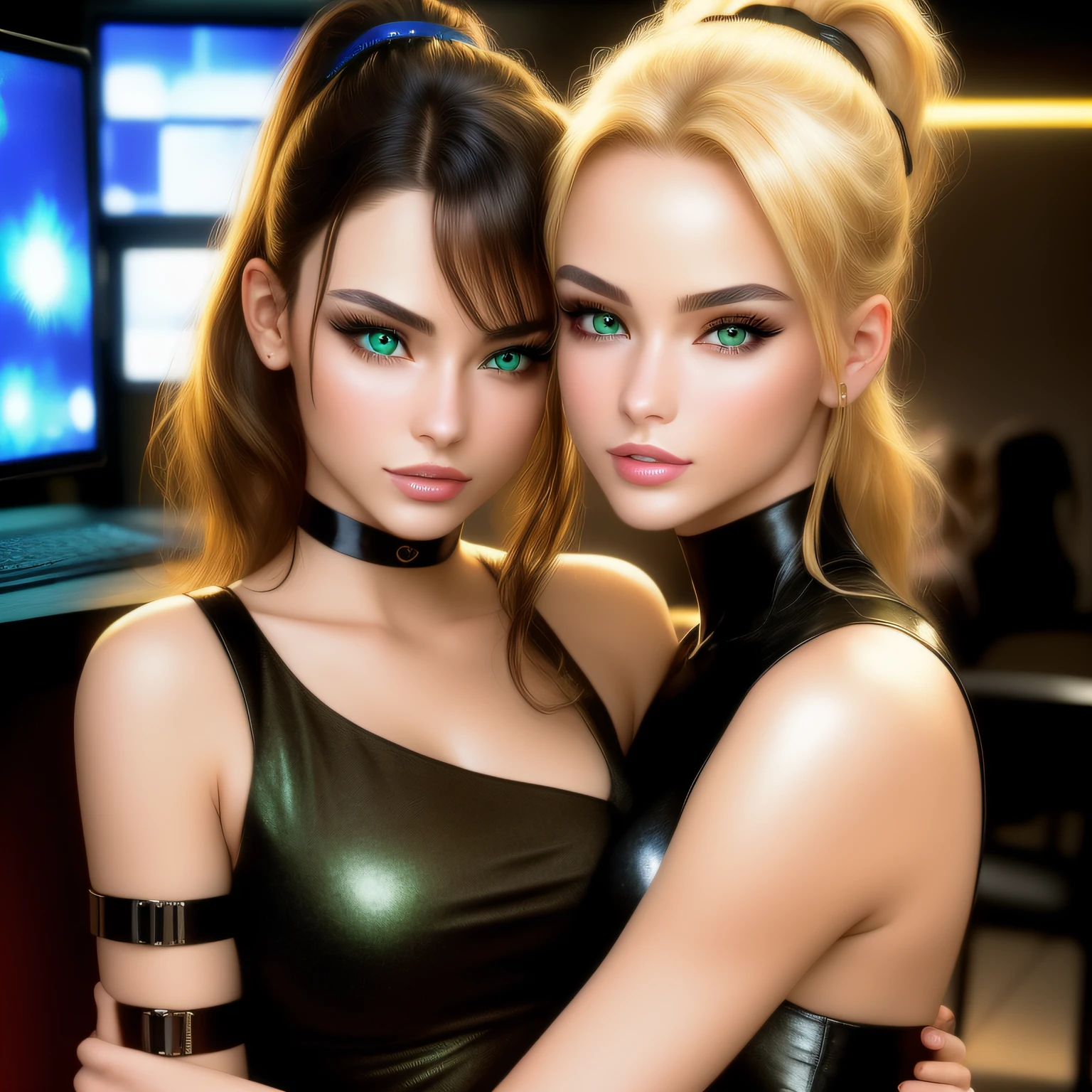 "(masterpiece, best quality, 8k, sharp focus, depth of field, best shadows, perfect lights, HDR, realistic skin texture, ultra-detailed background, detailed)", anime style, 2 women hugging (one of them has green eyes, white skin, black hair with ponytail, choker, small breasts, slim, makeup, eyeliner, glitter), (the other woman has blonde hair), in a room with neo cyberpunk lights and computers and fireguns