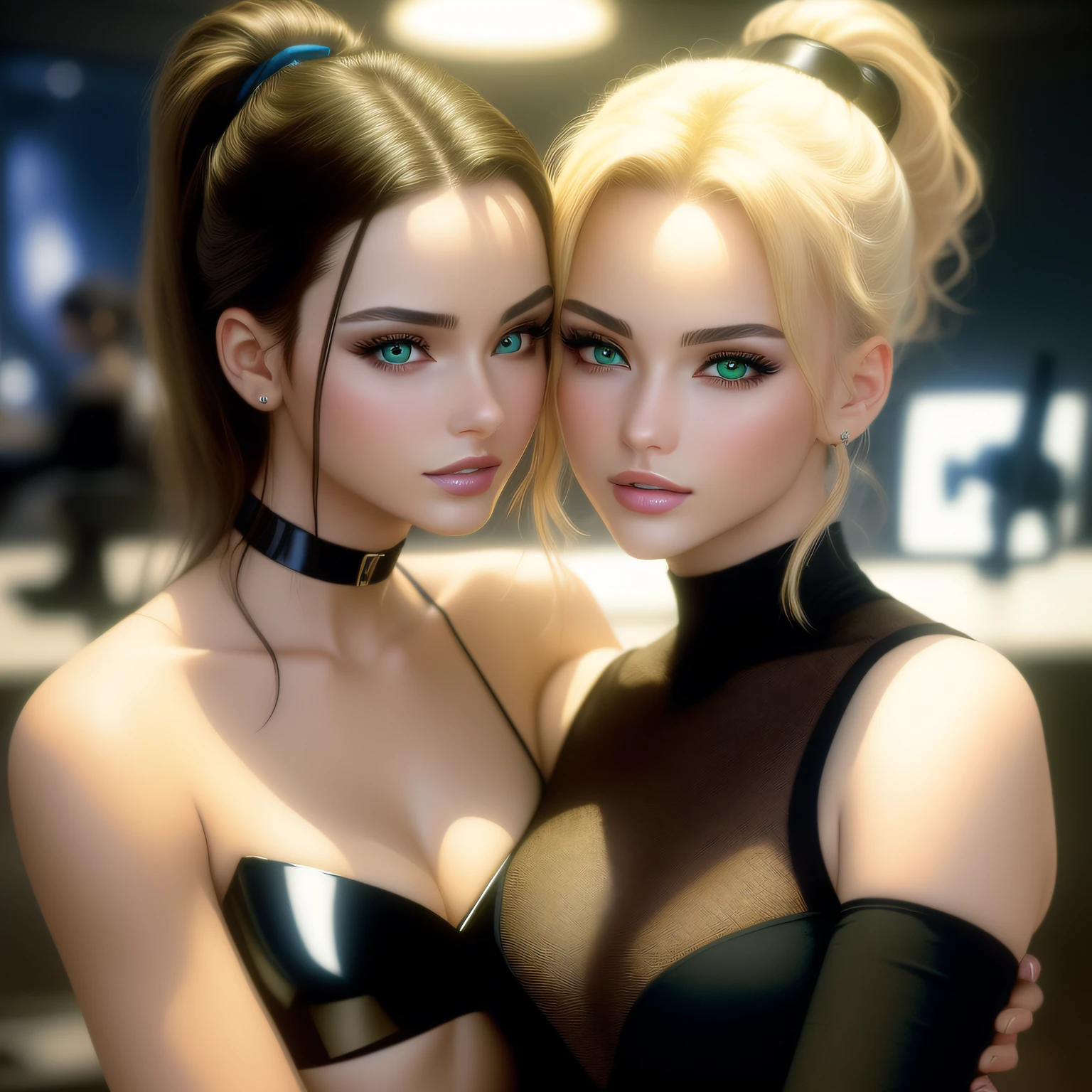 "(masterpiece, best quality, 8k, sharp focus, depth of field, best shadows, perfect lights, HDR, realistic skin texture, ultra-detailed background, detailed)", anime style, 2 women hugging (one of them has green eyes, white skin, black hair with ponytail, choker, small breasts, slim, makeup, eyeliner, glitter), (the other woman has blonde hair), in a room with neo cyberpunk lights and computers and fireguns