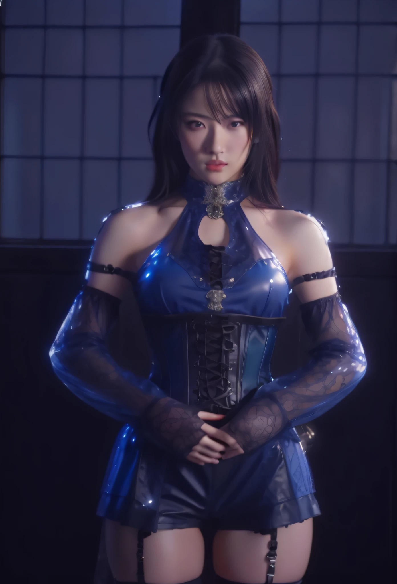 a woman in a corset and leather outfit standing in front of a window, intricate outfit, wearing shiny breastplate, cinematic goddess body shot, intricate ornate anime cgi style, inspired by Leng Mei, costume with blue accents, v from devil may cry as an elf, blue scales covering her chest, cinematic full character, artgerm ; 3d unreal engine, (masterpiece:1.4), (8k, photorealistic, RAW photo, best quality: 1.4), japanese, beautiful face, (realistic face:1.4), (high detailed hair:1.3), beautiful hairstyle, realistic eyes, beautiful detailed eyes, (realistic skin:1.3), beautiful skin, attractive, ultra high res, ultra realistic, highly detailed, golden ratio, (detailed face:1.4), (realistic medium breasts:1.4), (braless:1.4), perky_nipples, see-through outfit, transparent outfit, (nsfw:1.2)