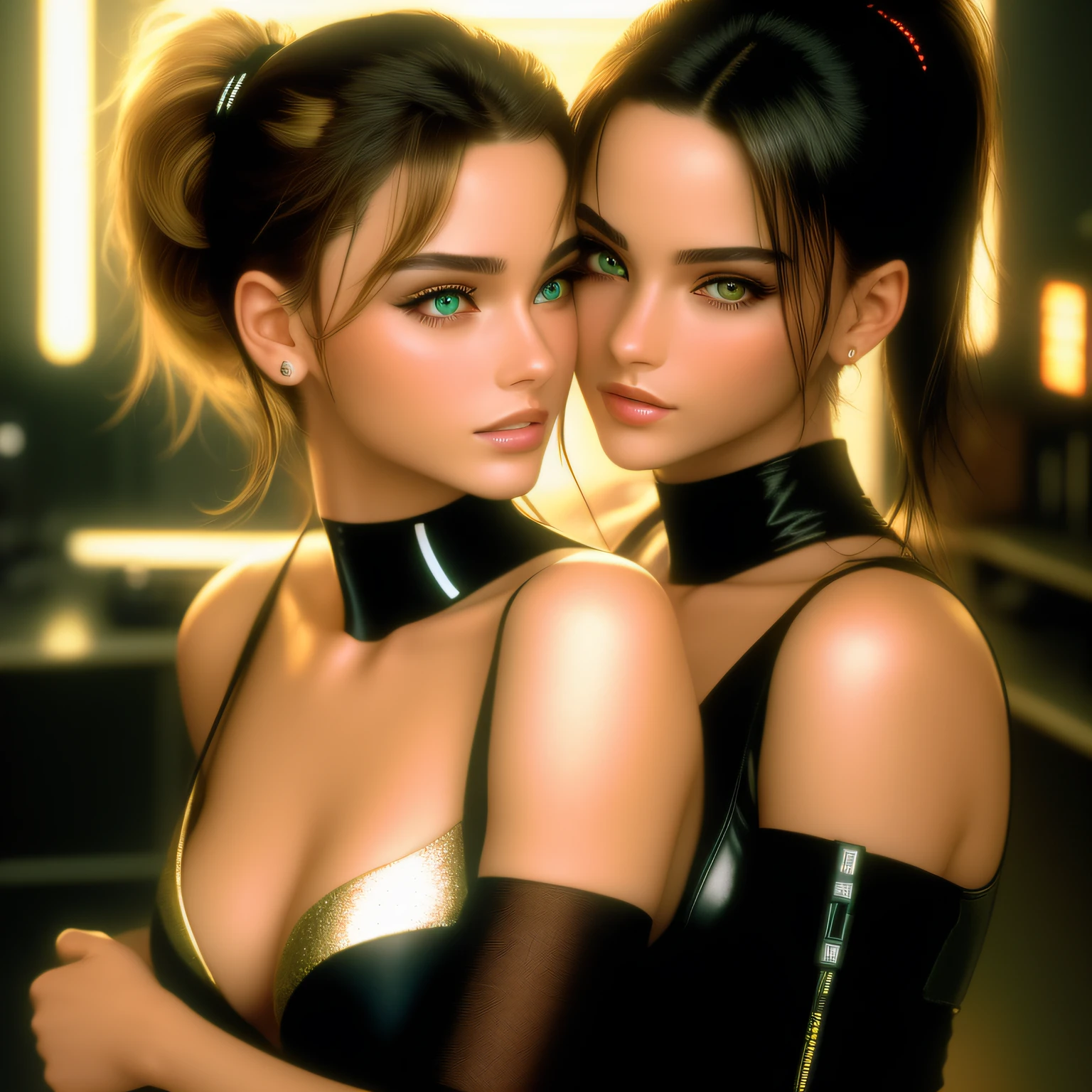 "(masterpiece, best quality, 8k, sharp focus, depth of field, best shadows, perfect lights, HDR, realistic skin texture, ultra-detailed background, detailed)", anime style, 2 women hugging (one of them has green eyes, white skin, black hair with ponytail, choker, small breasts, slim, makeup, eyeliner, glitter), (the other woman has blonde hair), in a room with neo cyberpunk lights and computers and fireguns