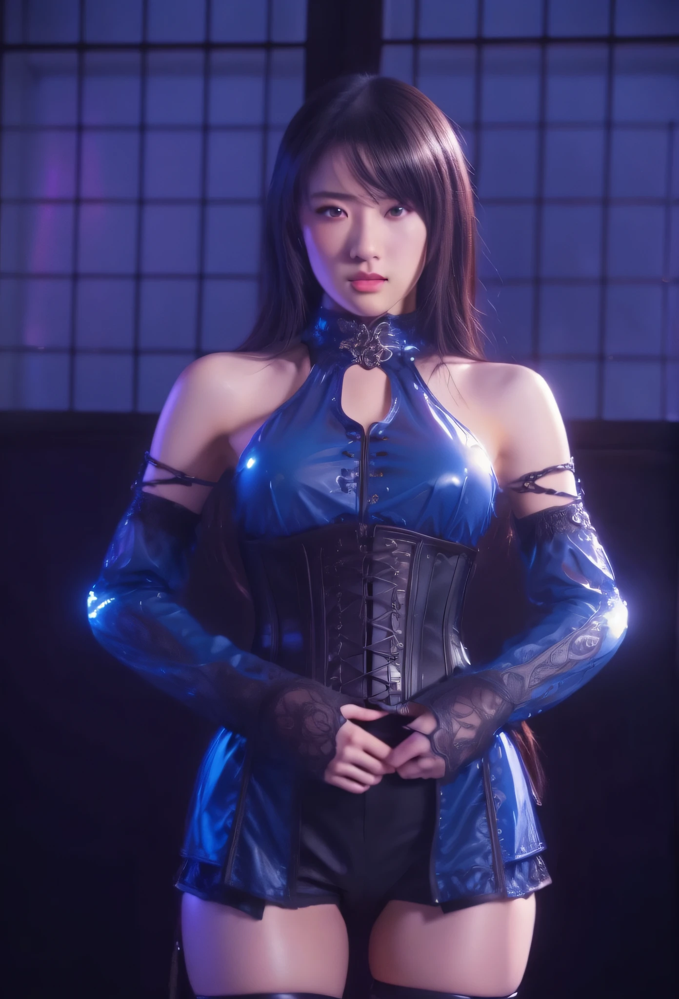 a woman in a corset and leather outfit standing in front of a window, intricate outfit, wearing shiny breastplate, cinematic goddess body shot, intricate ornate anime cgi style, inspired by Leng Mei, costume with blue accents, v from devil may cry as an elf, blue scales covering her chest, cinematic full character, artgerm ; 3d unreal engine, (masterpiece:1.4), (8k, photorealistic, RAW photo, best quality: 1.4), japanese, beautiful face, (realistic face:1.4), (high detailed hair:1.3), beautiful hairstyle, realistic eyes, beautiful detailed eyes, (realistic skin:1.3), beautiful skin, attractive, ultra high res, ultra realistic, highly detailed, golden ratio, (detailed face:1.4), (realistic medium breasts:1.4), (braless:1.4), perky_nipples, see-through outfit, transparent outfit, (nsfw:1.2)