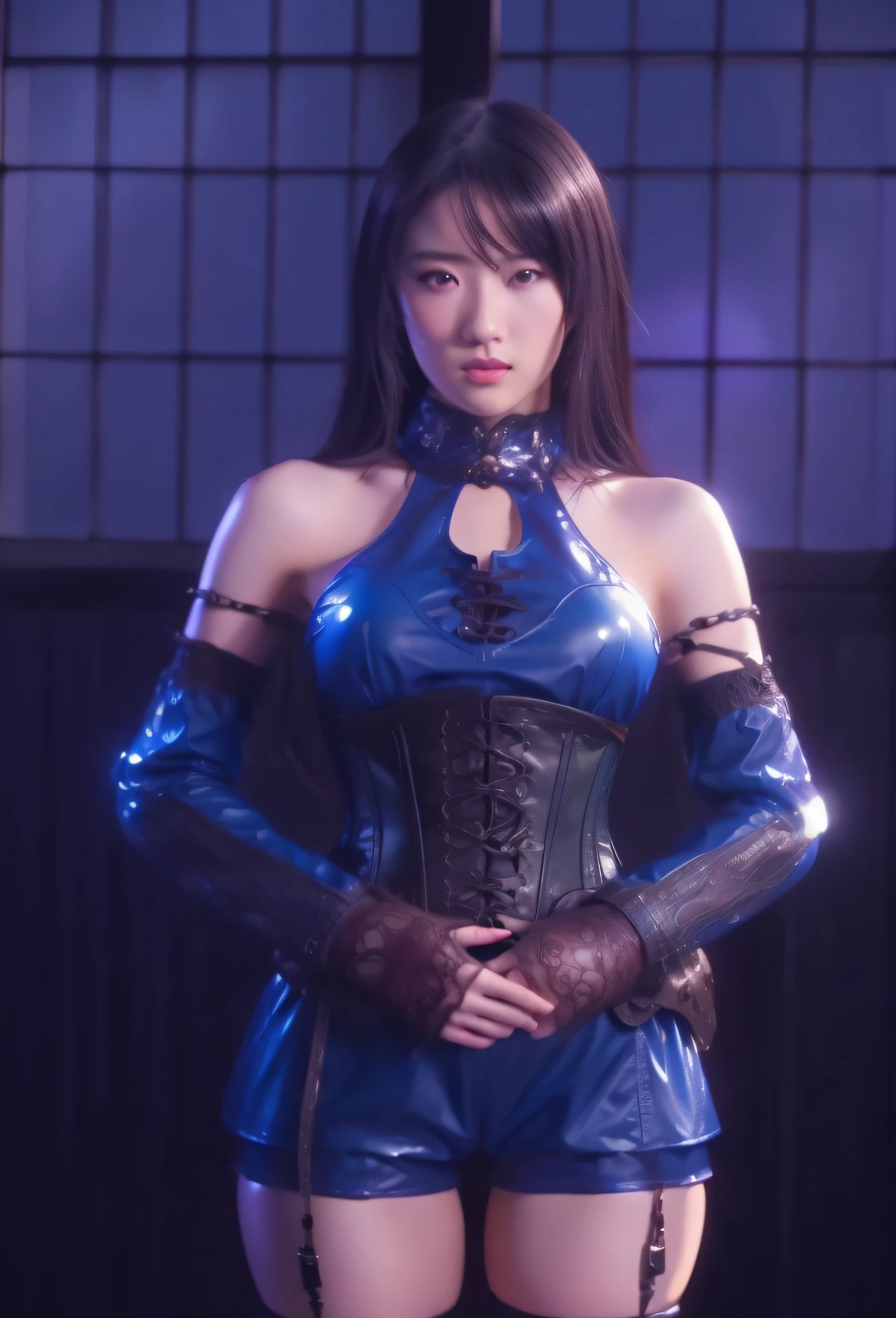 a woman in a corset and leather outfit standing in front of a window, intricate outfit, wearing shiny breastplate, cinematic goddess body shot, intricate ornate anime cgi style, inspired by Leng Mei, costume with blue accents, v from devil may cry as an elf, blue scales covering her chest, cinematic full character, artgerm ; 3d unreal engine, (masterpiece:1.4), (8k, photorealistic, RAW photo, best quality: 1.4), japanese, beautiful face, (realistic face:1.4), (high detailed hair:1.3), beautiful hairstyle, realistic eyes, beautiful detailed eyes, (realistic skin:1.3), beautiful skin, attractive, ultra high res, ultra realistic, highly detailed, golden ratio, (detailed face:1.4), (realistic medium breasts:1.4), (braless:1.4), perky_nipples, see-through outfit, transparent outfit, (nsfw:1.2)