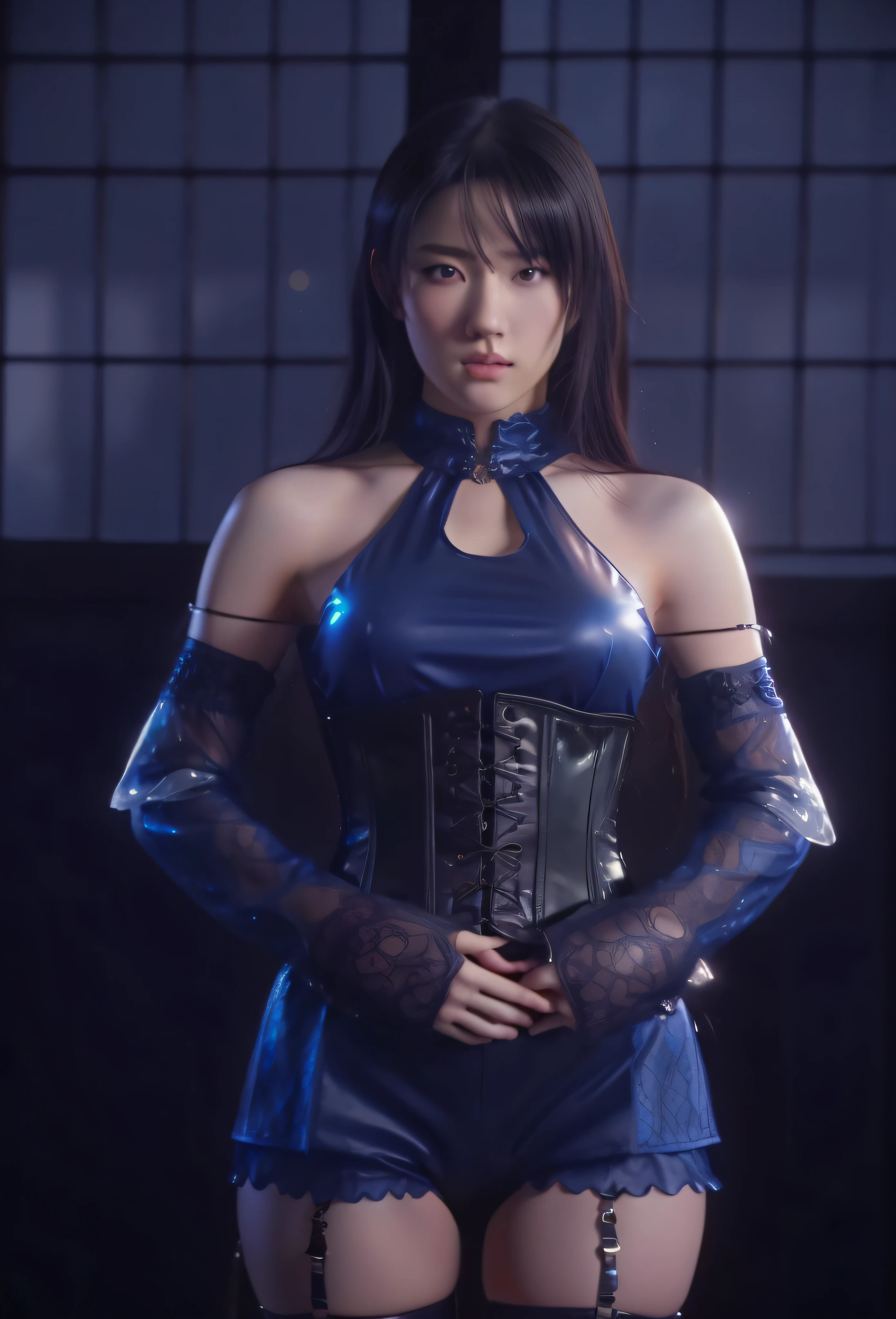 a woman in a corset and leather outfit standing in front of a window, intricate outfit, wearing shiny breastplate, cinematic goddess body shot, intricate ornate anime cgi style, inspired by Leng Mei, costume with blue accents, v from devil may cry as an elf, blue scales covering her chest, cinematic full character, artgerm ; 3d unreal engine, (masterpiece:1.4), (8k, photorealistic, RAW photo, best quality: 1.4), japanese, beautiful face, (realistic face:1.4), (high detailed hair:1.3), beautiful hairstyle, realistic eyes, beautiful detailed eyes, (realistic skin:1.3), beautiful skin, attractive, ultra high res, ultra realistic, highly detailed, golden ratio, (detailed face:1.4), (realistic medium breasts:1.4), (braless:1.4), perky_nipples, see-through outfit, transparent outfit, (nsfw:1.2)