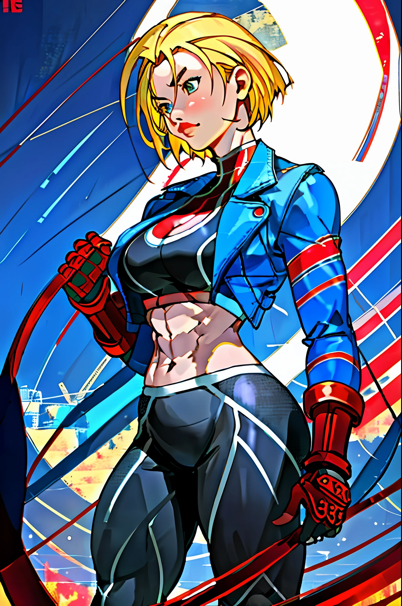 Cammy, ((Masterpiece)), ((High quality render)), ((High definition)), ((Beautiful woman portrait; )), ((detailed shading)), [Calm stance: 1.4], [expressionless; (puckered lips)], (blonde short hair), (red gauntlets), [athletic body; (defined abs, defined leg muscles)], (sports bra), (yoga pants), (short leather jack; light blue, red horizontal stripes on sleeves), (red combat boots), {standing on side walk, Background; (nighttime england city, cars, street lights, big full moon)}