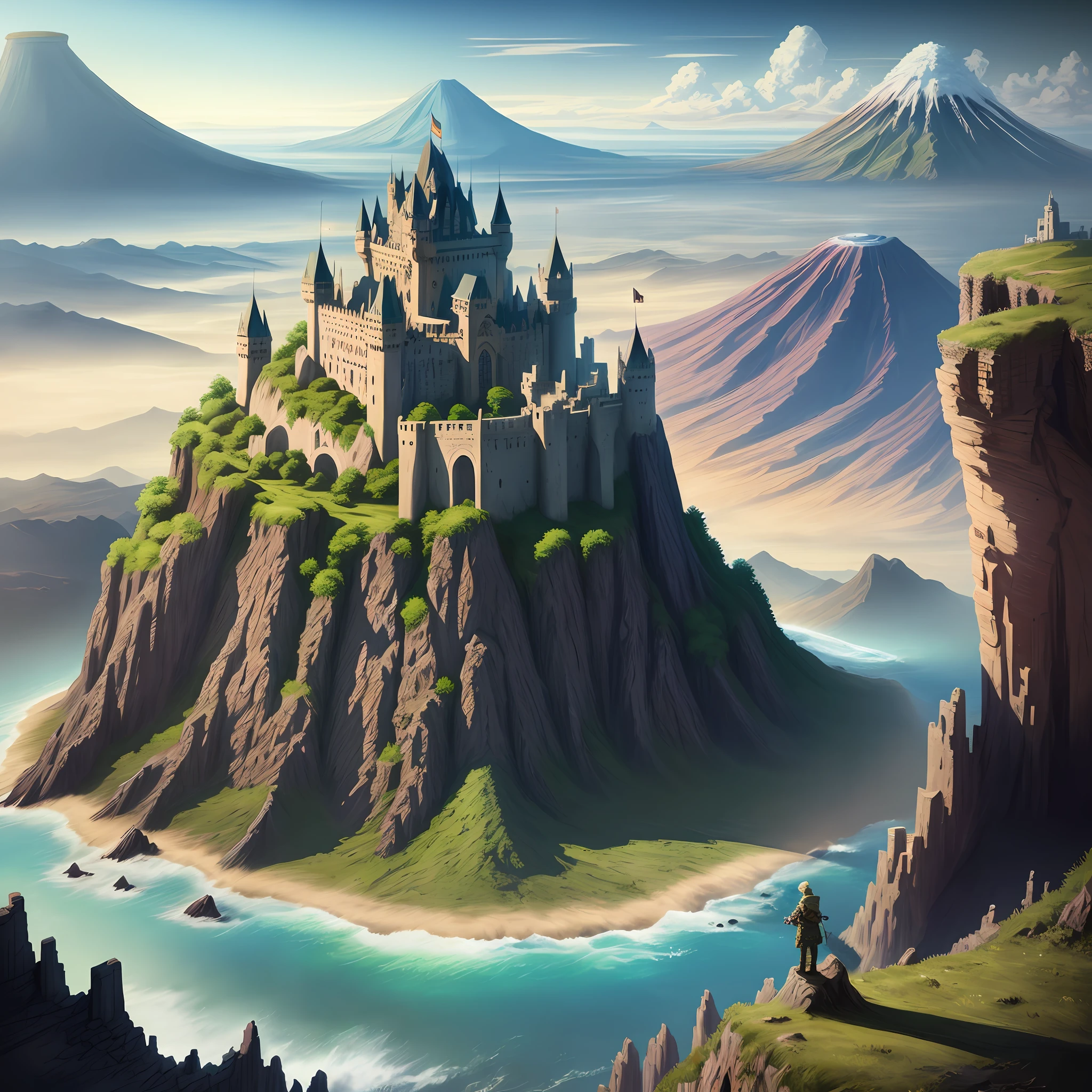Drawing, fantasy, realism, high detail, wasteland, castle, rocks, volcano, sea, sleeping dragon, 8kk