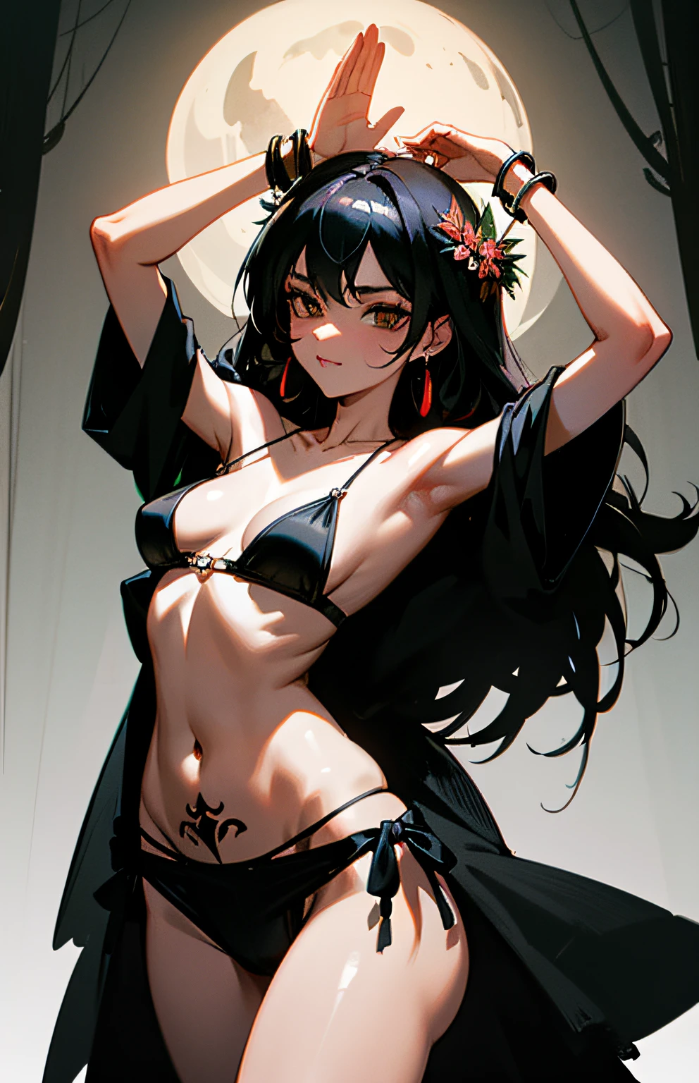 (Masterpiece), (High Definition), 8K, Brutal Witch Sabato Dance, Hands Tied and Hanged, Dynamic, Brutal Witch Beauty, Bewitching, Well-groomed Beautiful Face, Free Pose, Sexual Appeal, Medieval, Black Satin Sheer Kimono, Flowing Tulle, Fluttering Veil, Bone Hair Ornament, Crimson Bracelet, Bone Necklace, Tattoo, Shiny Skin, Loincloth Shorts, ( without bra), exposure, jewelry ornaments on the arms, medium breasts, sheer, navel, shoulder, neck, collarbone line, arm ring ribbons, wreaths, bracelets, anklets, pyroxene chain tassels around the belly, dedicated to the devil, ((strip dance)), (dark forest closed by darkness, silhouette of branches and branches, black mass), ink wash, popular CGSTATION, masterpiece, recent quality, High resolution details, 32K